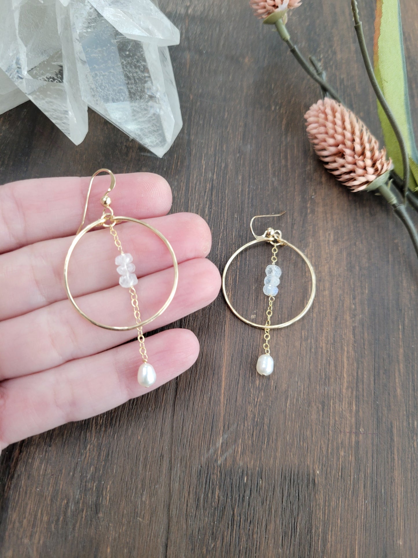 Moonstone and Pearl Dangle Hoop Earrings