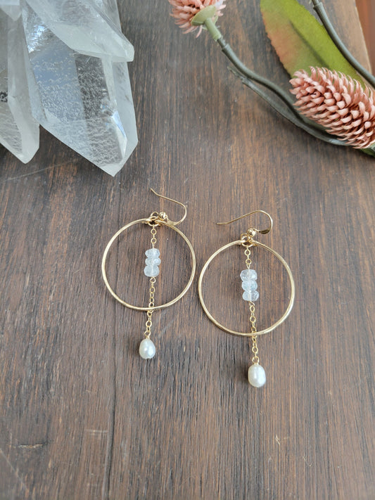 Moonstone and Pearl Dangle Hoop Earrings