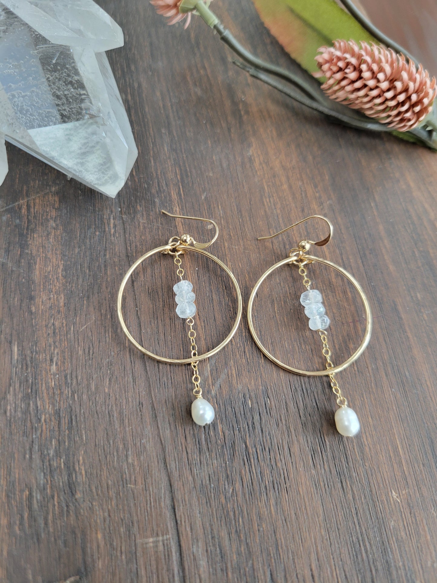 Moonstone and Pearl Dangle Hoop Earrings