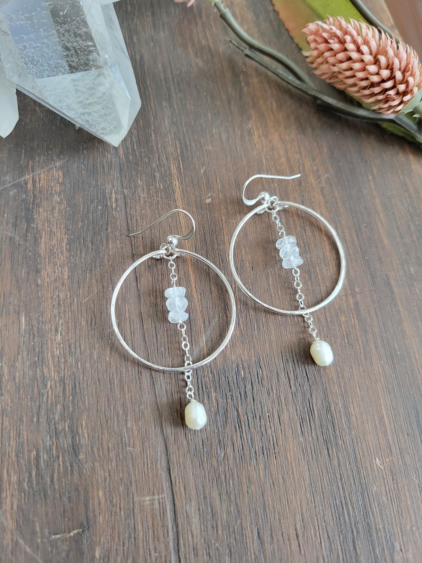Moonstone and Pearl Dangle Hoop Earrings