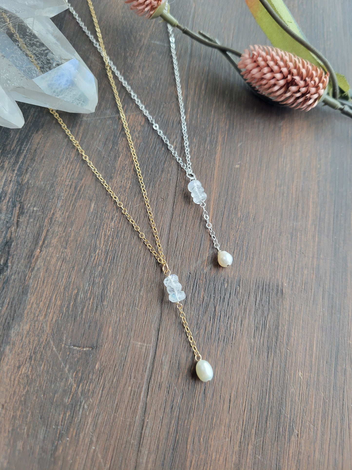 Moonstone and Pearl Y Necklace