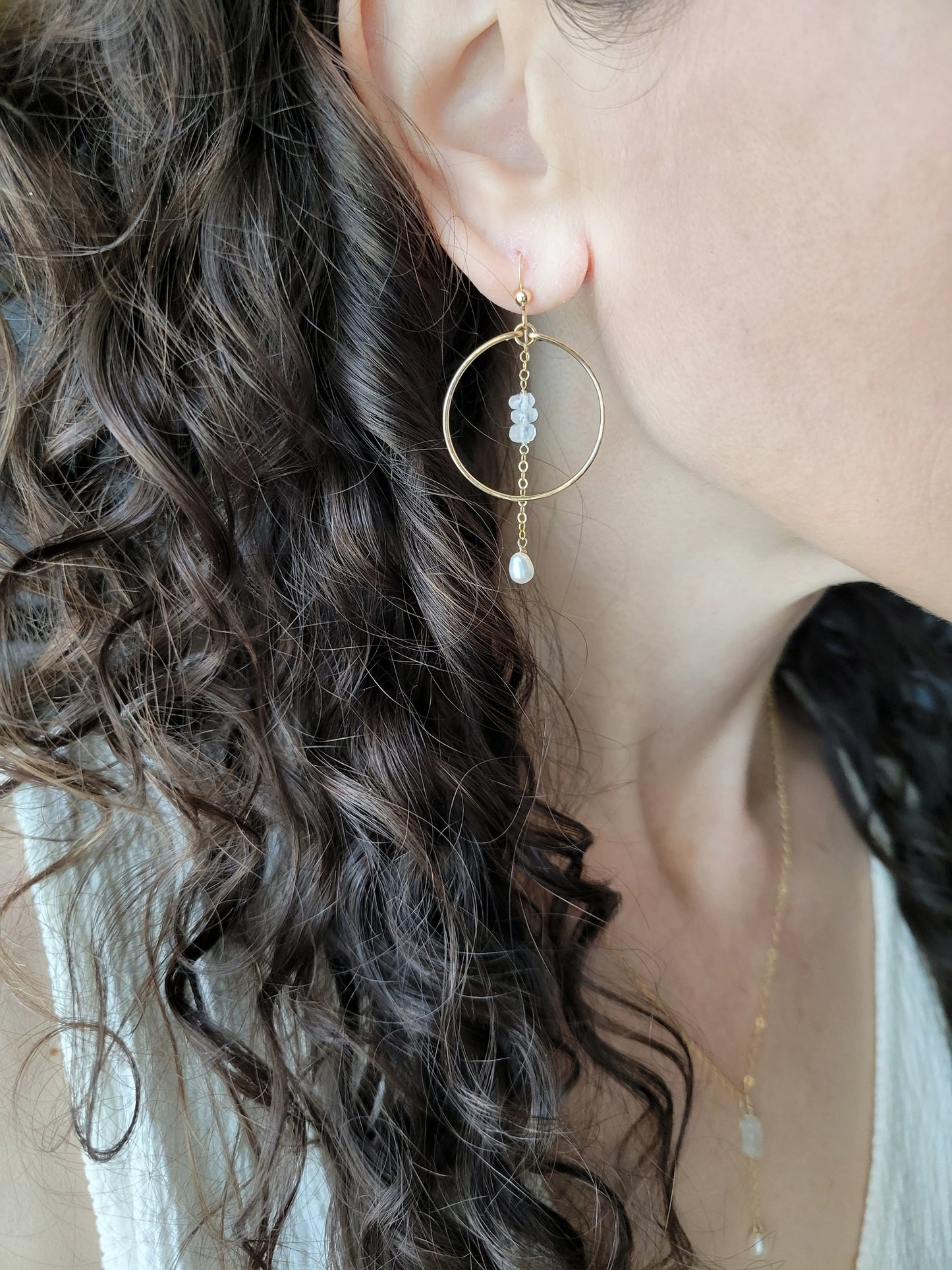 Moonstone and Pearl Dangle Hoop Earrings