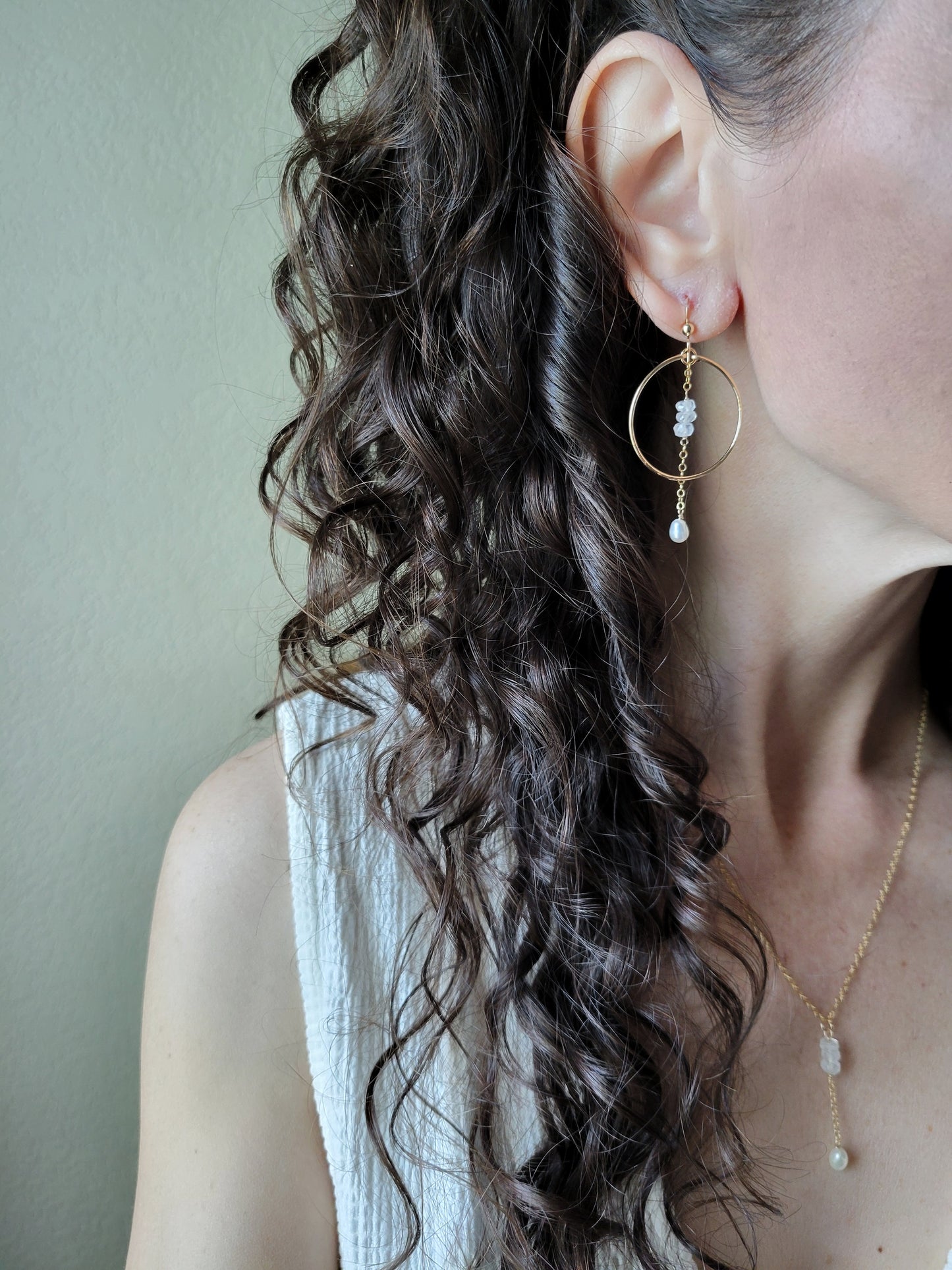 Moonstone and Pearl Dangle Hoop Earrings