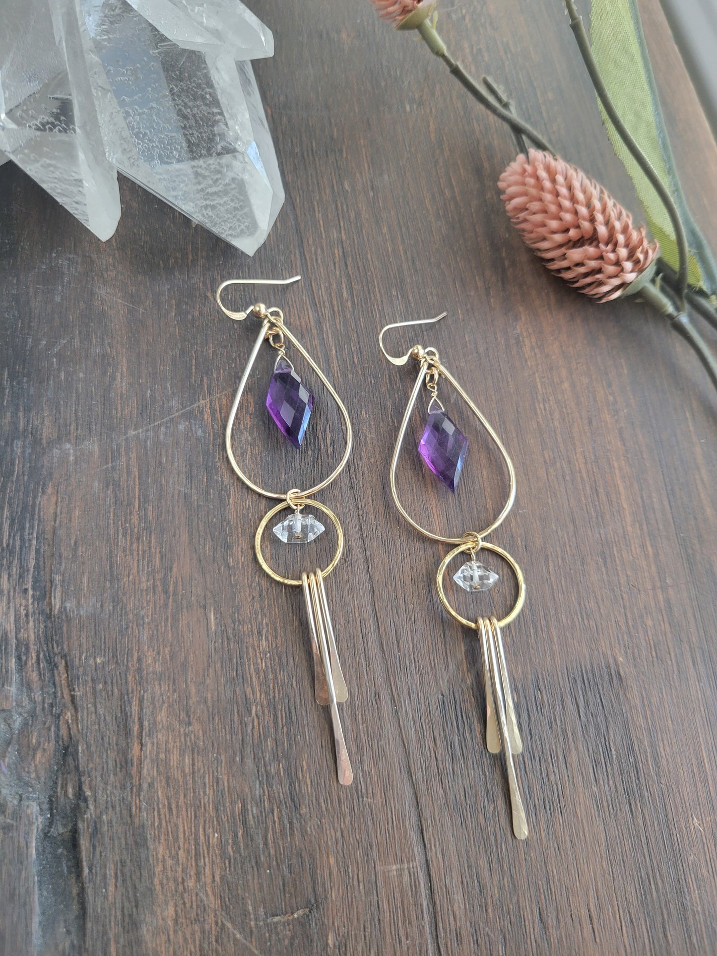 Amethyst and Herkimer Diamond Fringe Earrings