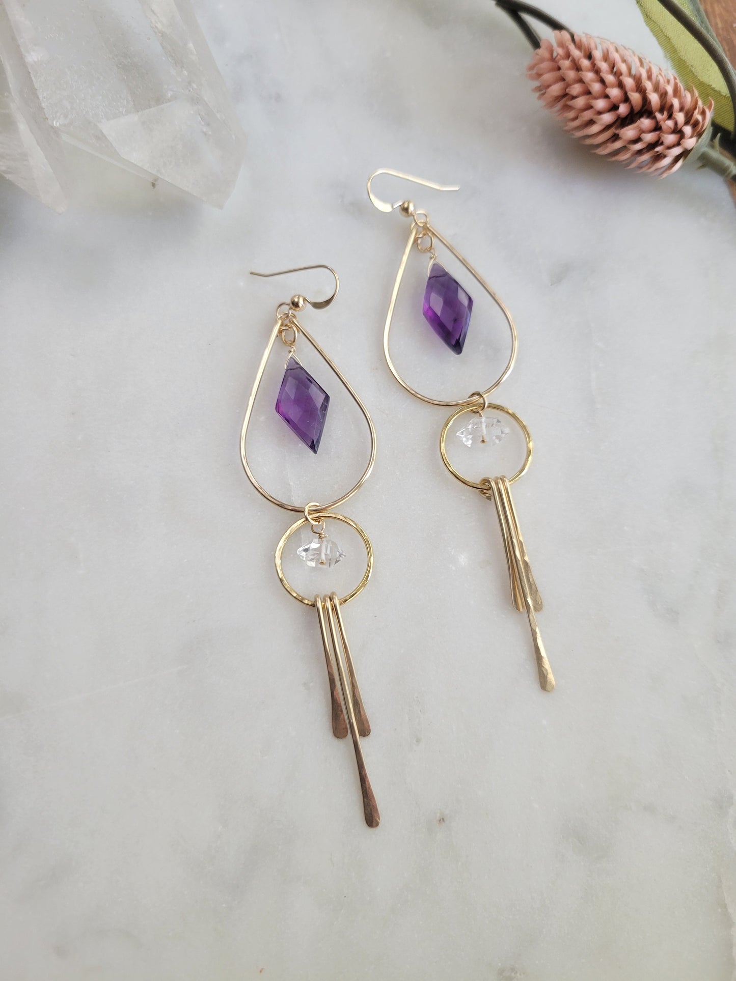 Amethyst and Herkimer Diamond Fringe Earrings