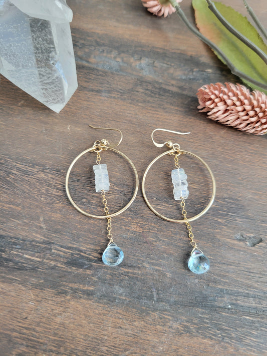 Sky Blue Topaz Hoop Dangle Earrings with Moonstone