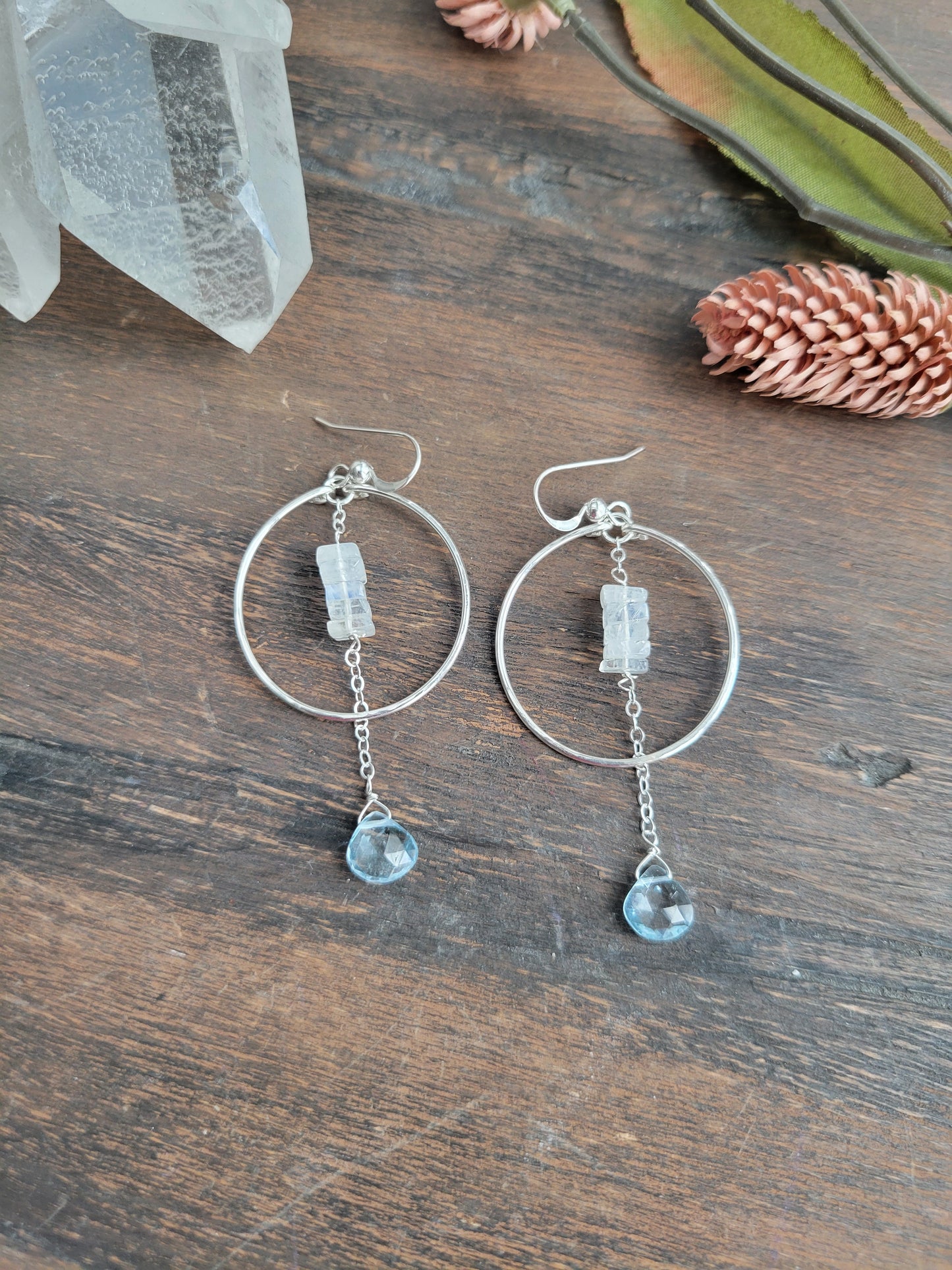 Sky Blue Topaz Hoop Dangle Earrings with Moonstone