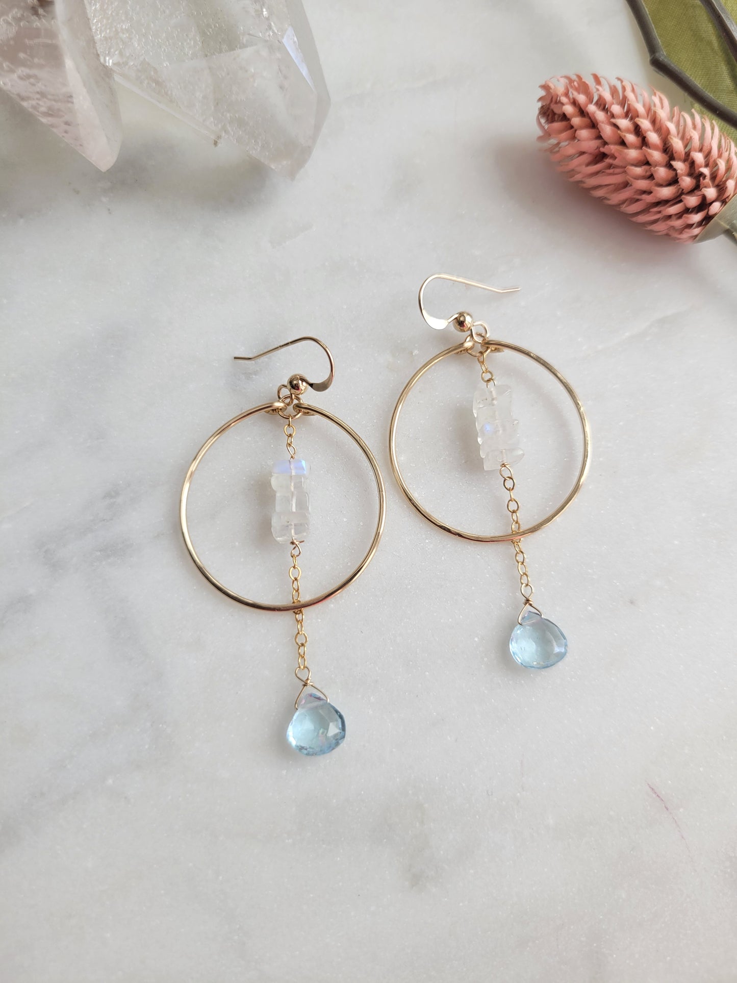 Sky Blue Topaz Hoop Dangle Earrings with Moonstone