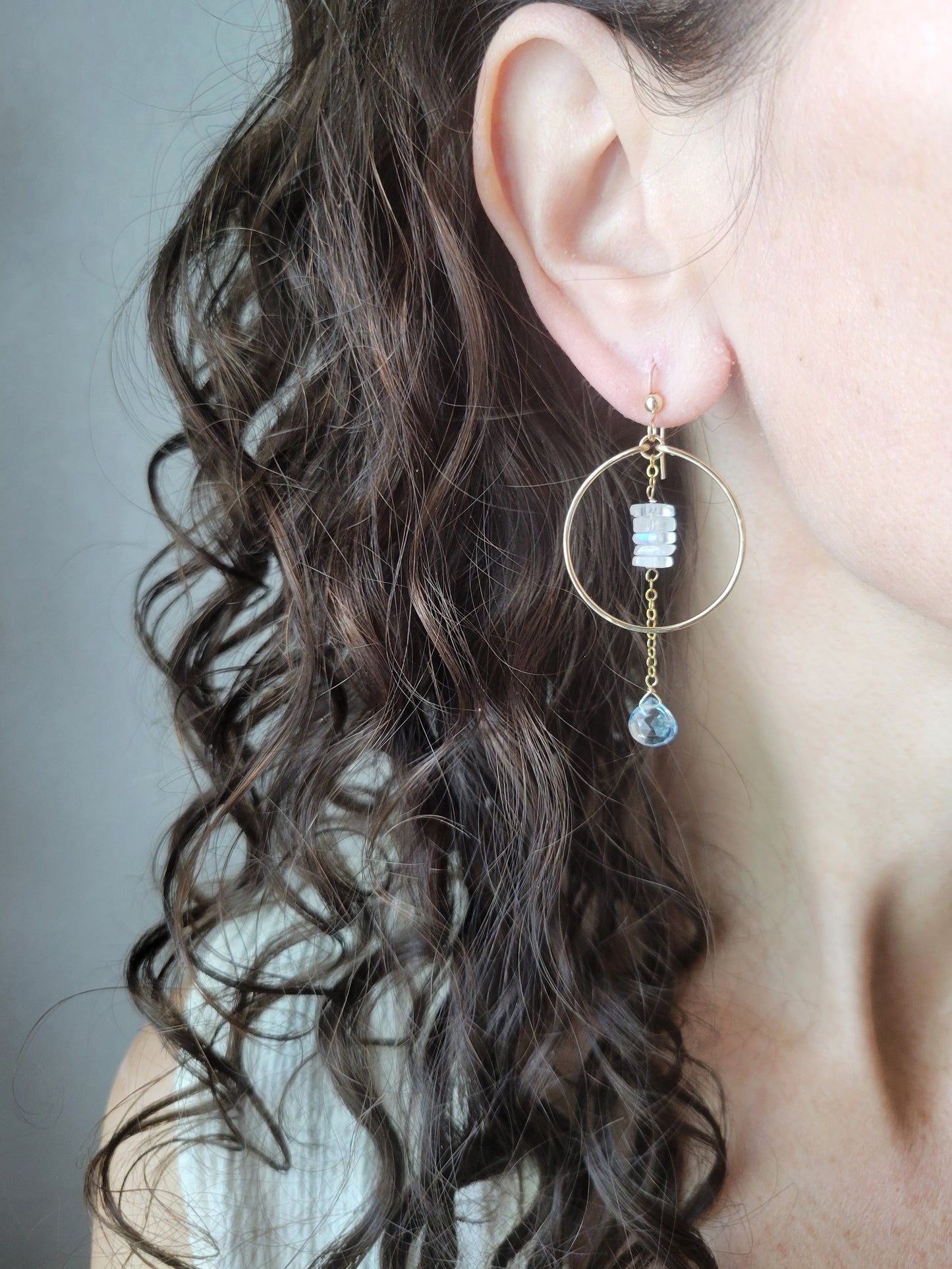 Sky Blue Topaz Hoop Dangle Earrings with Moonstone