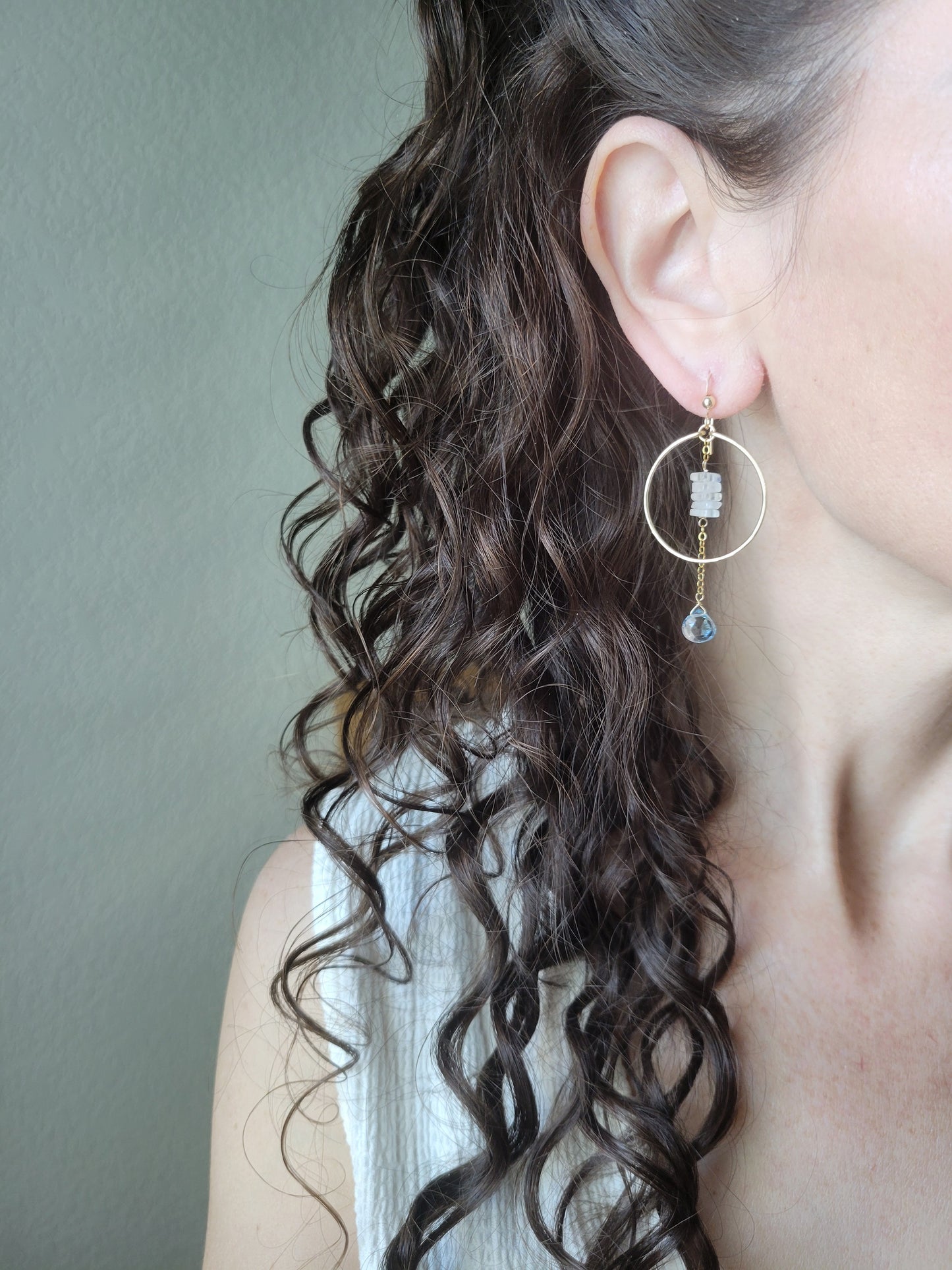 Sky Blue Topaz Hoop Dangle Earrings with Moonstone
