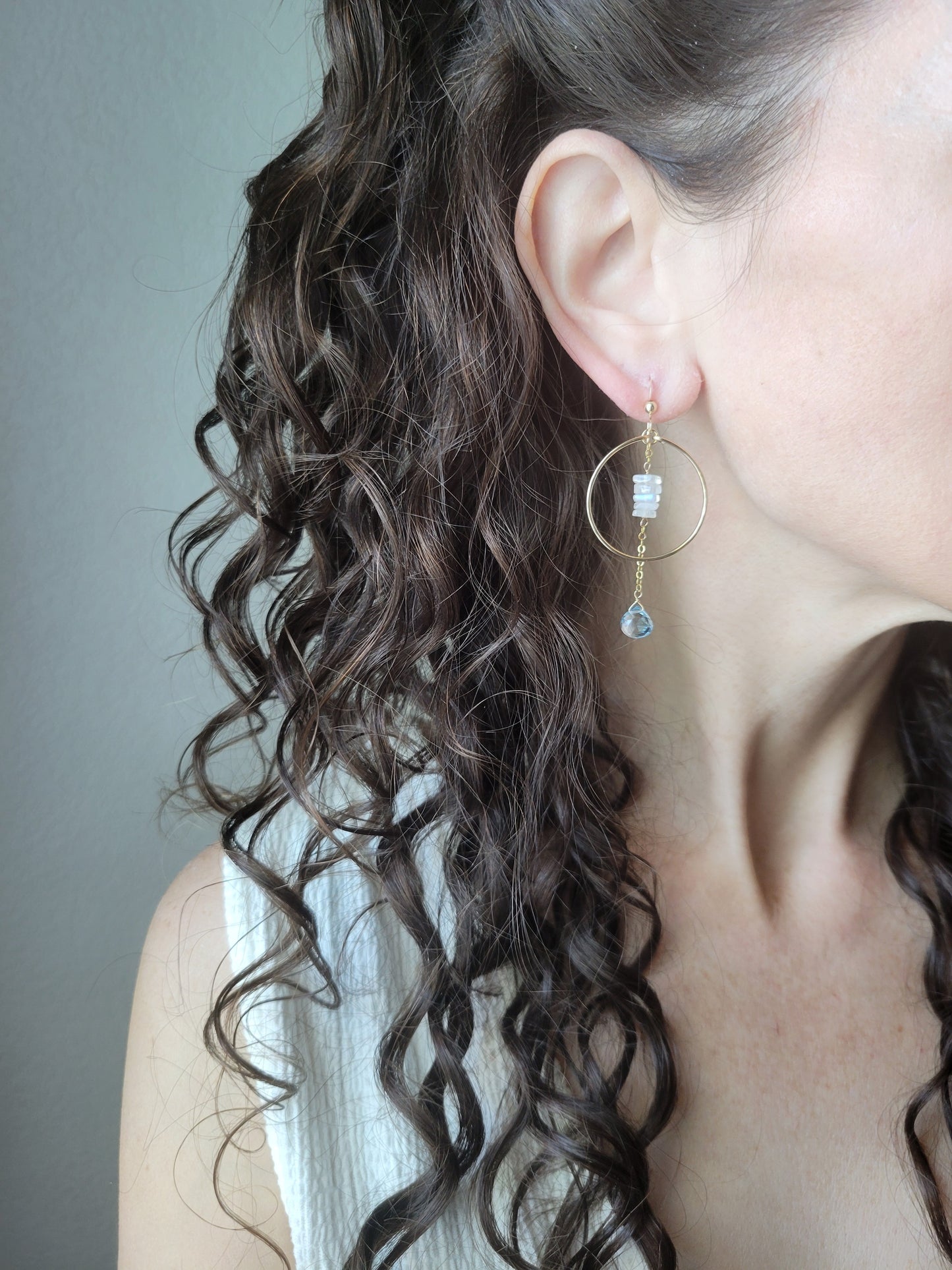 Sky Blue Topaz Hoop Dangle Earrings with Moonstone