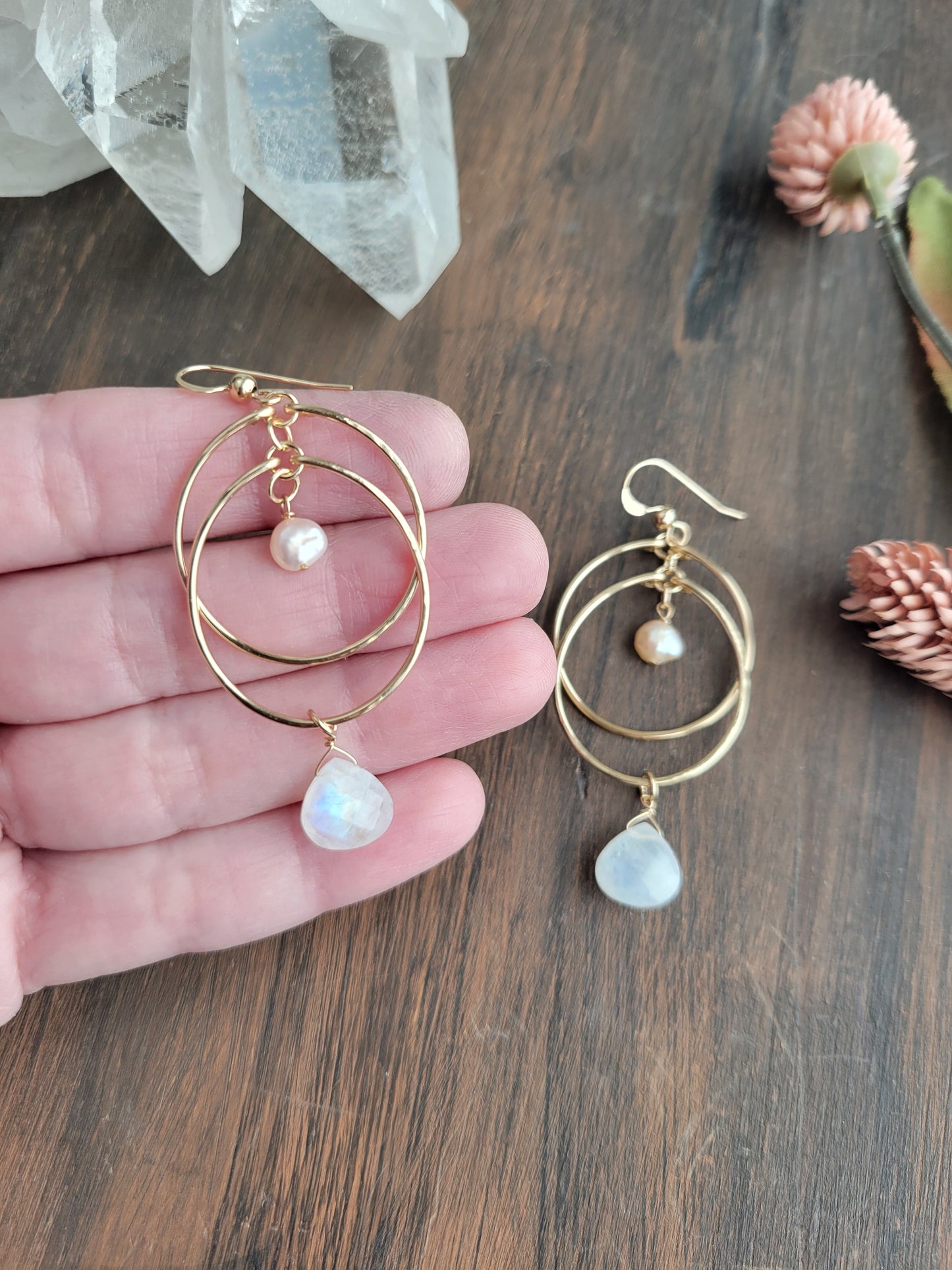 Moonstone and Pearl Double Hoop Earrings