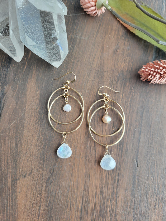 Moonstone and Pearl Double Hoop Earrings