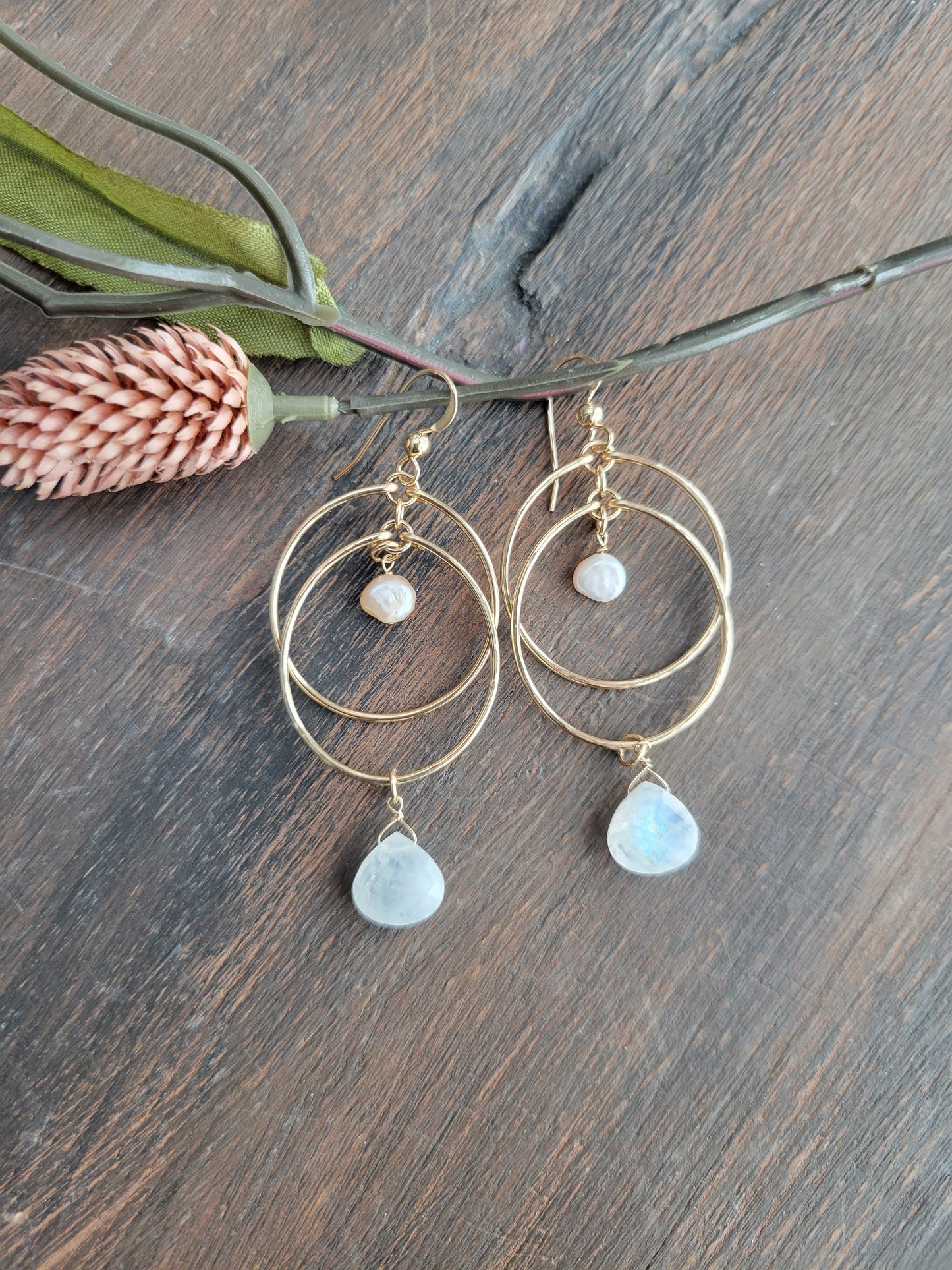 Moonstone and Pearl Double Hoop Earrings