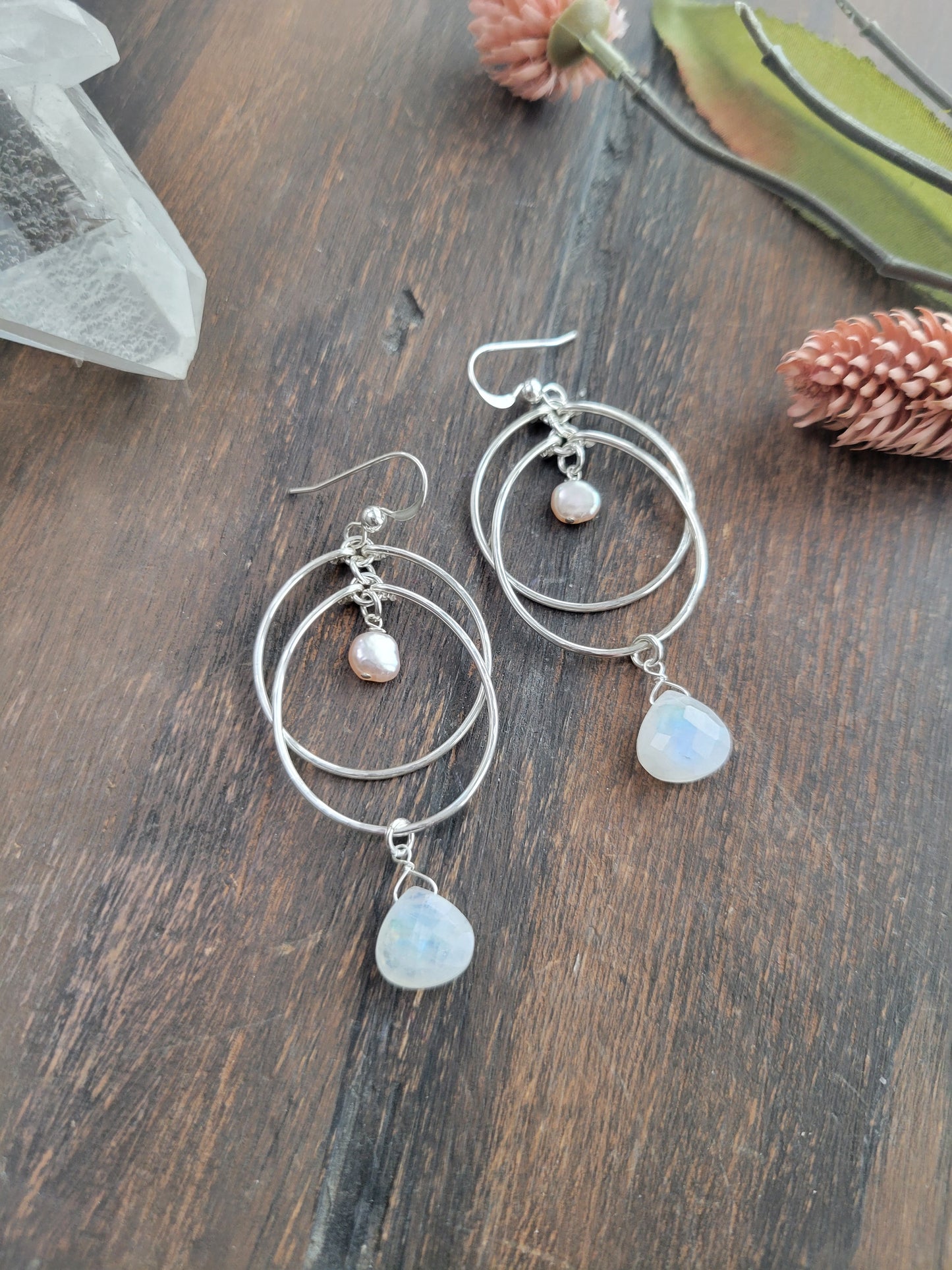 Moonstone and Pearl Double Hoop Earrings