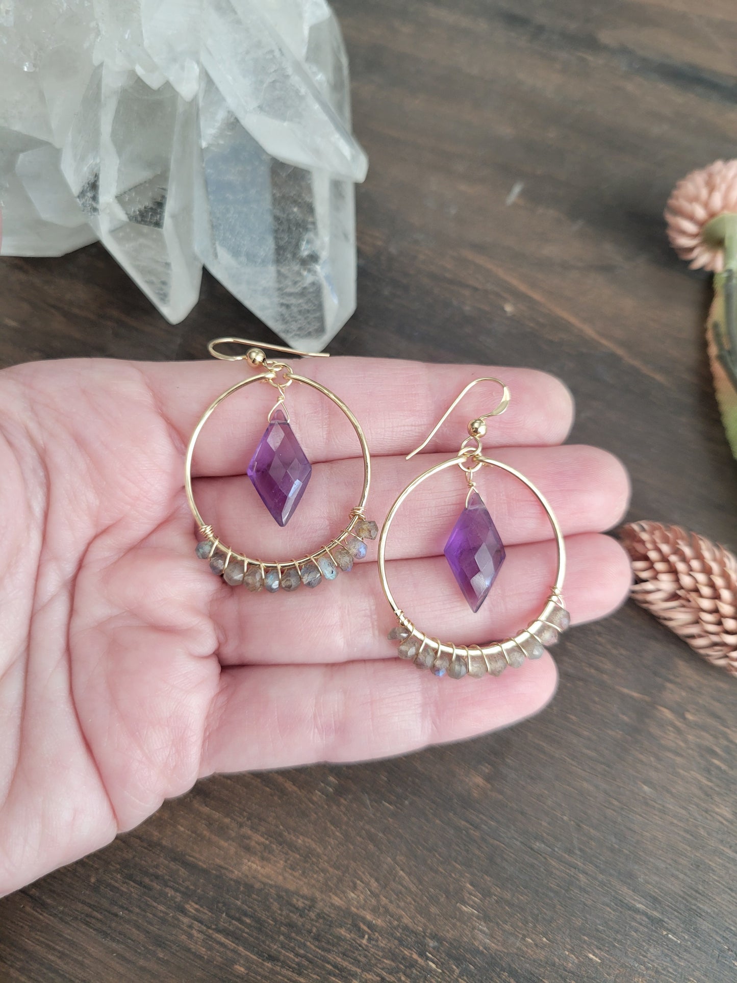 Amethyst and Labradorite Hoop Earrings