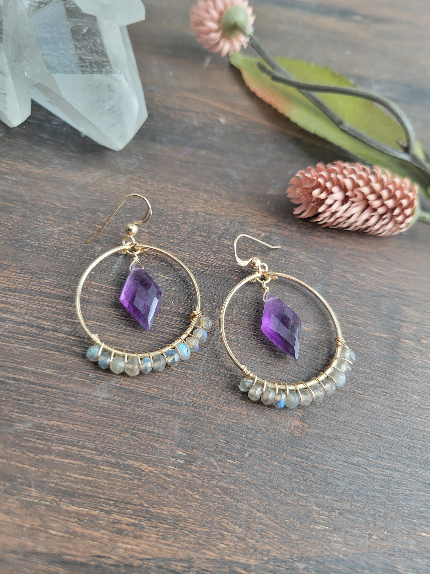 Amethyst and Labradorite Hoop Earrings