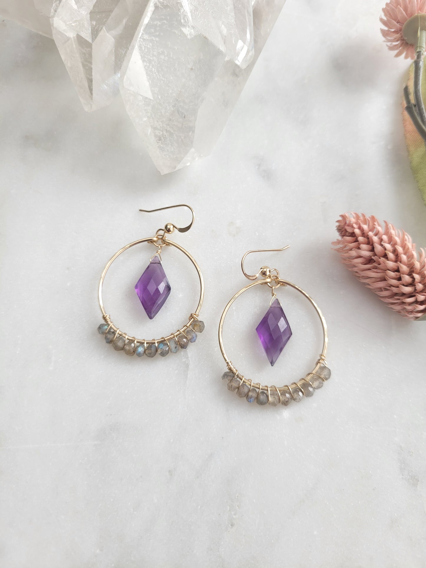 Amethyst and Labradorite Hoop Earrings