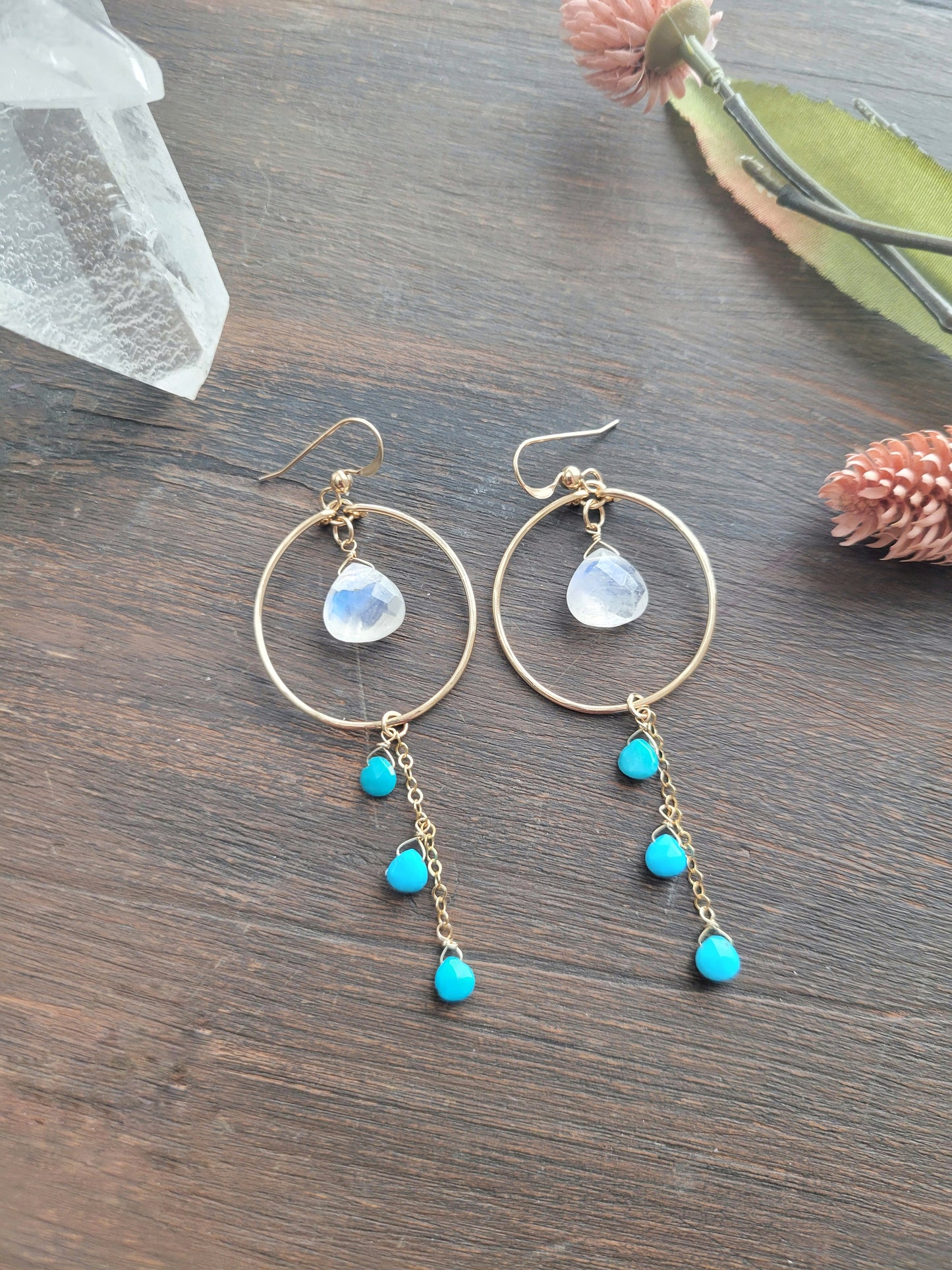 Rainbow Moonstone and Turquoise Dangle Hoop Earrings