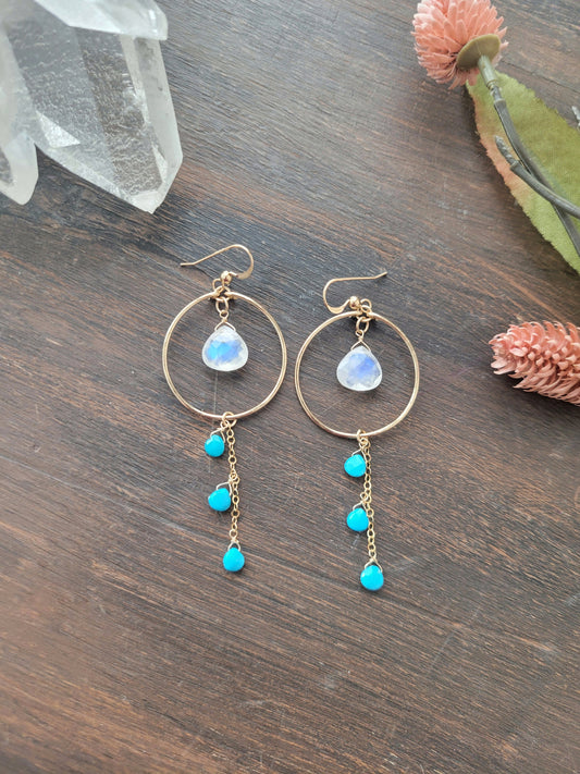 Rainbow Moonstone and Turquoise Dangle Hoop Earrings
