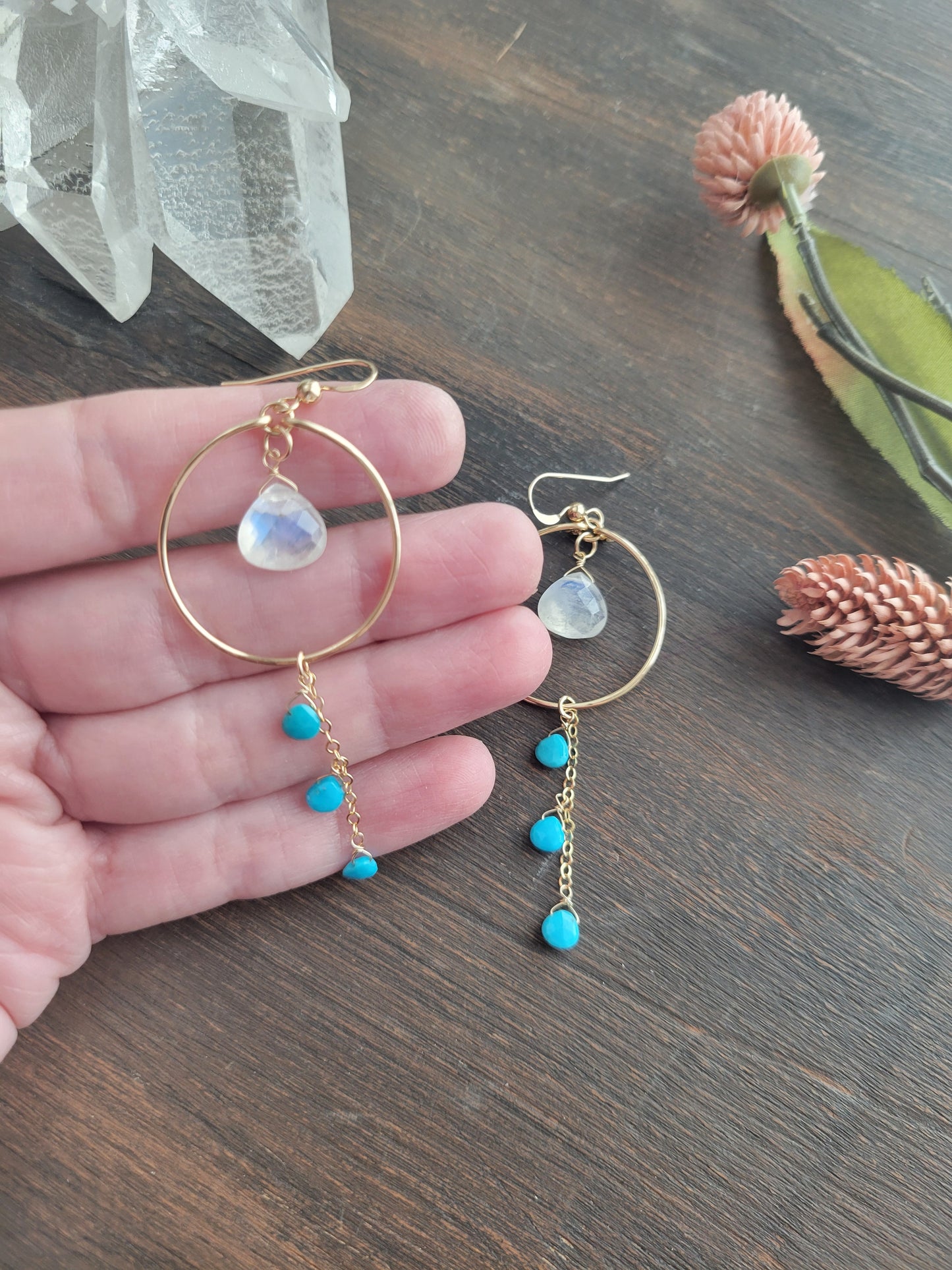 Rainbow Moonstone and Turquoise Dangle Hoop Earrings