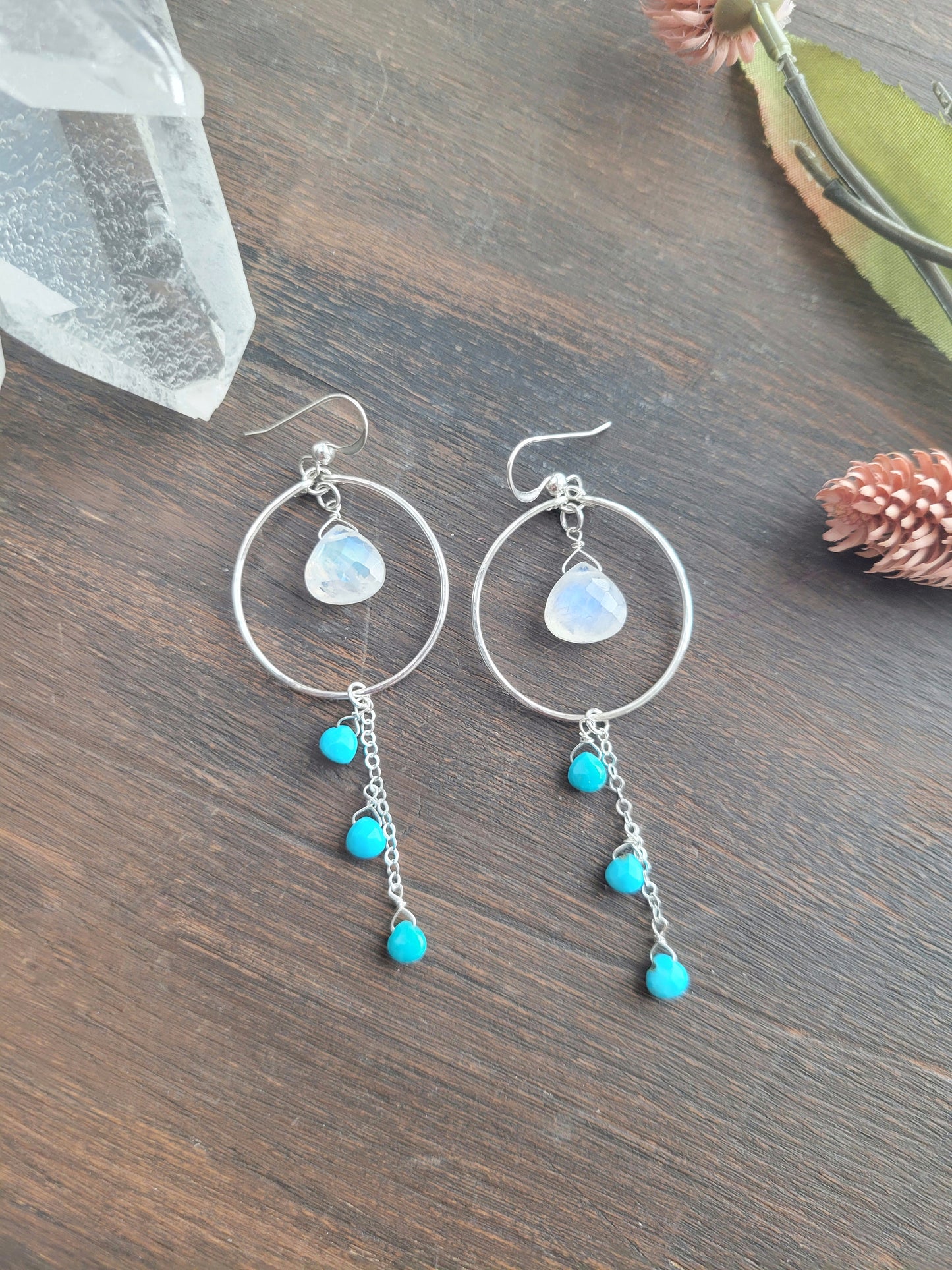 Rainbow Moonstone and Turquoise Dangle Hoop Earrings