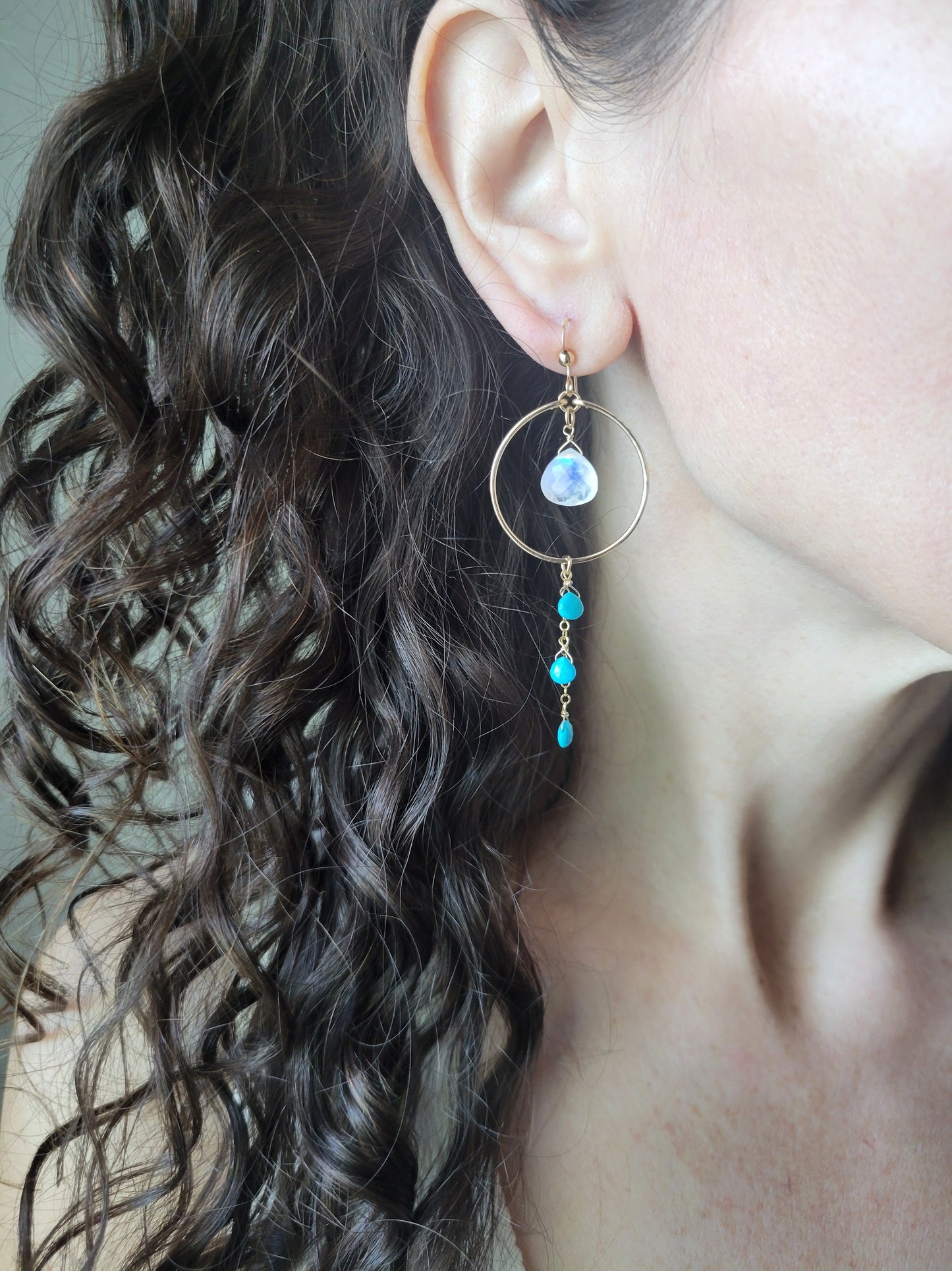 Rainbow Moonstone and Turquoise Dangle Hoop Earrings