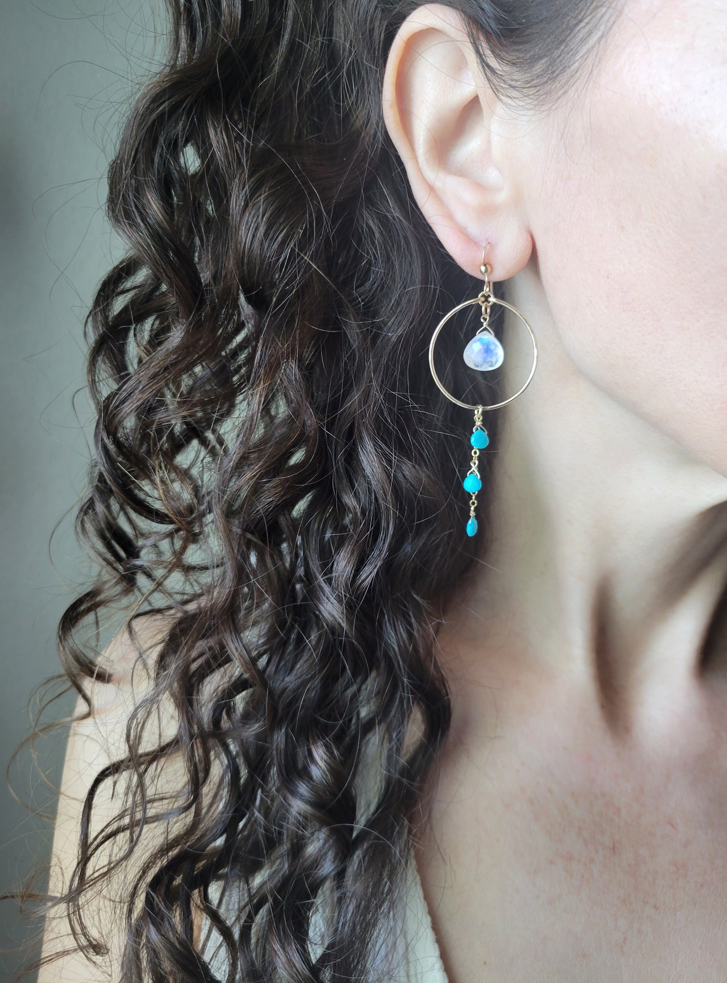 Rainbow Moonstone and Turquoise Dangle Hoop Earrings