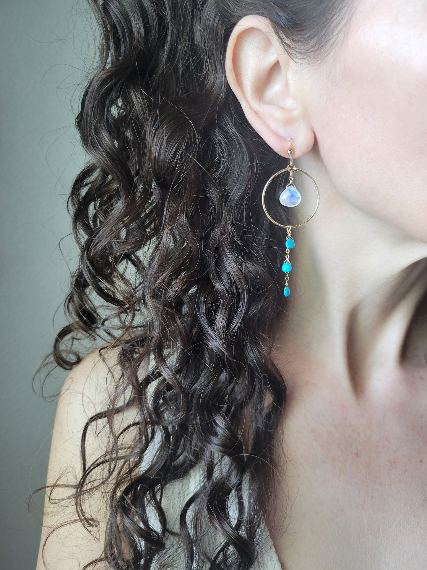 Rainbow Moonstone and Turquoise Dangle Hoop Earrings