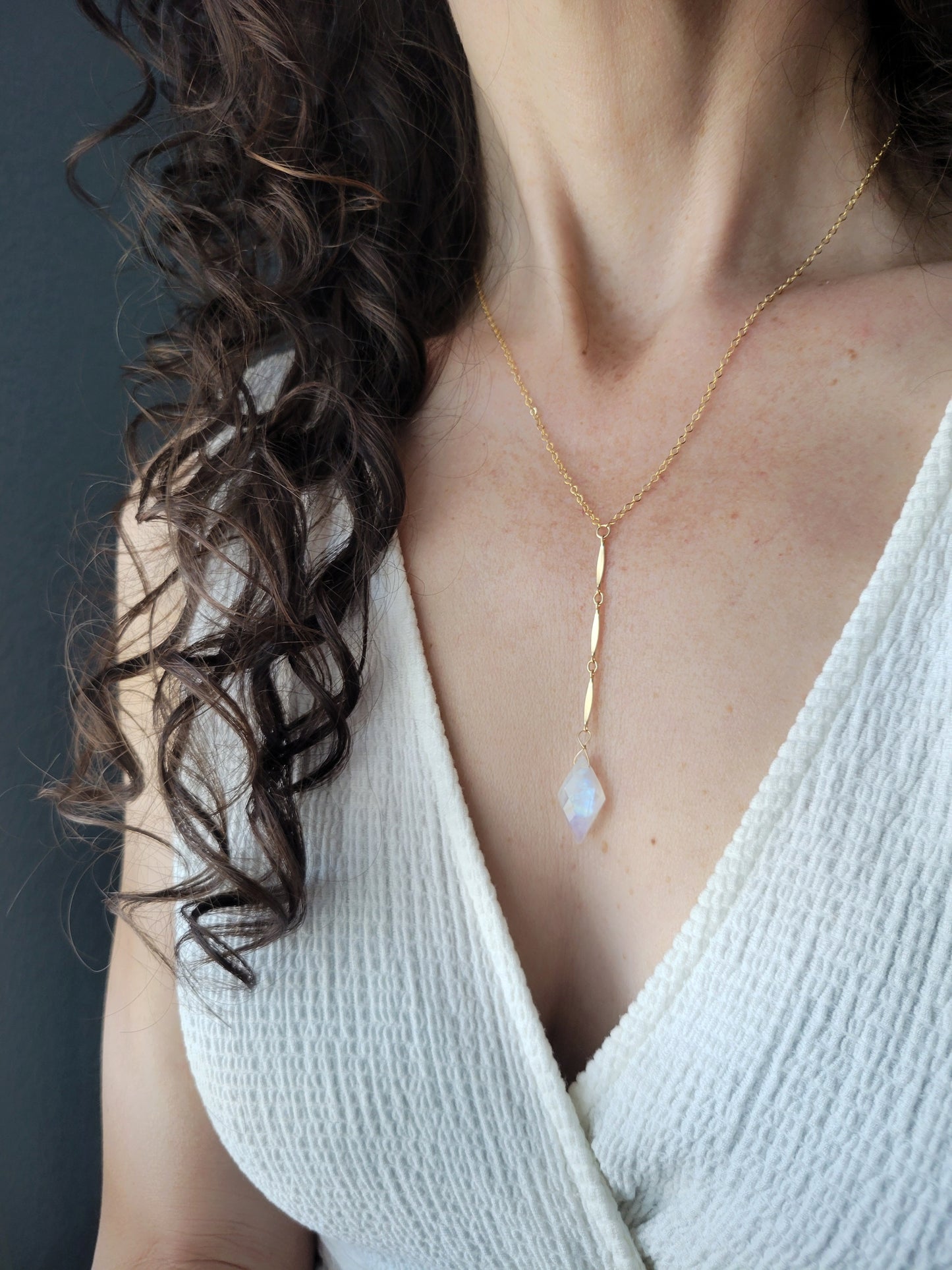 Rainbow Moonstone Y Necklace