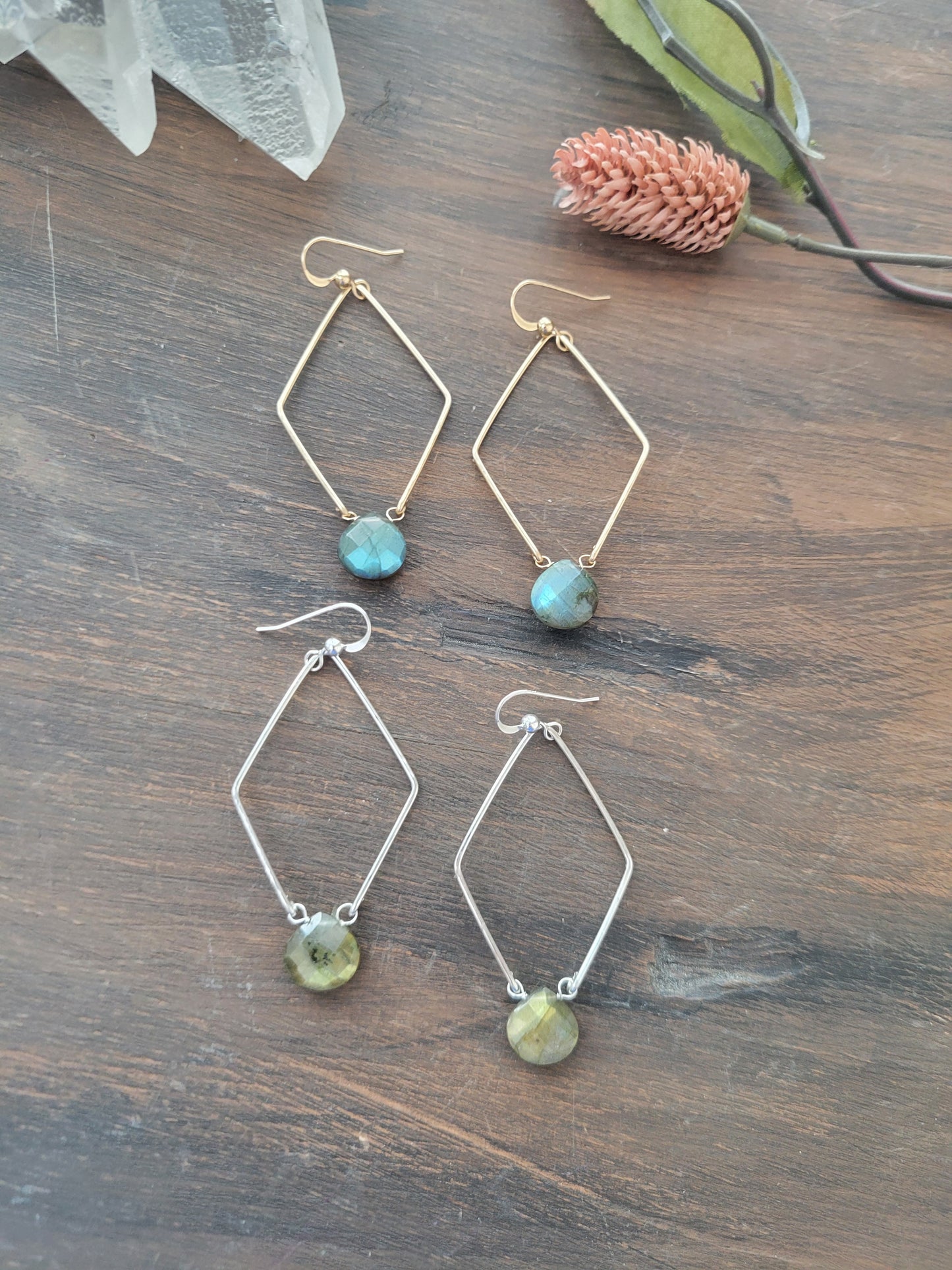 Diamond Hoop Labradorite Earrings