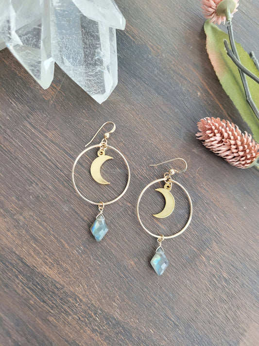 Crescent Moon Labradorite Hoop Earrings