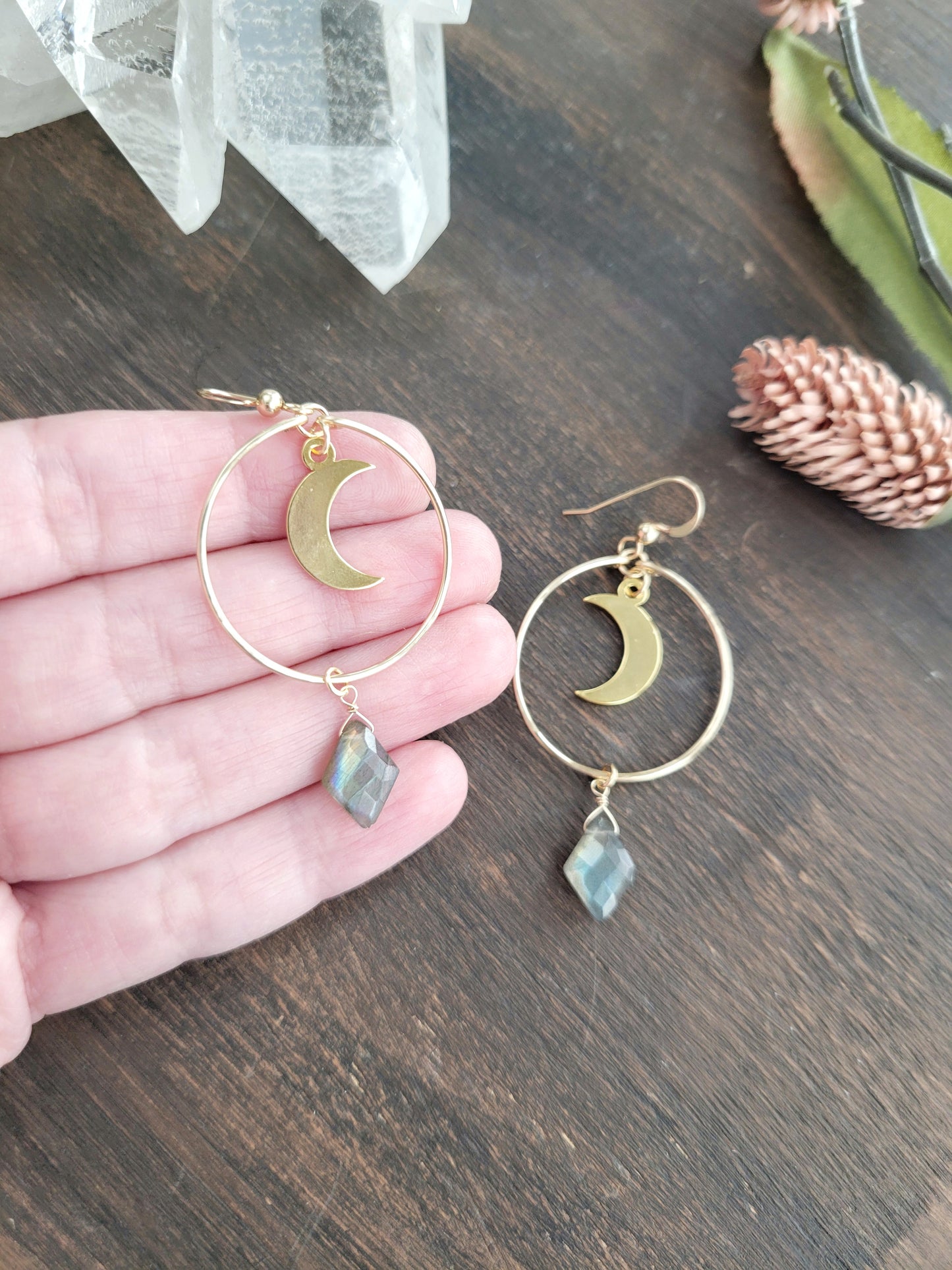 Crescent Moon Labradorite Hoop Earrings