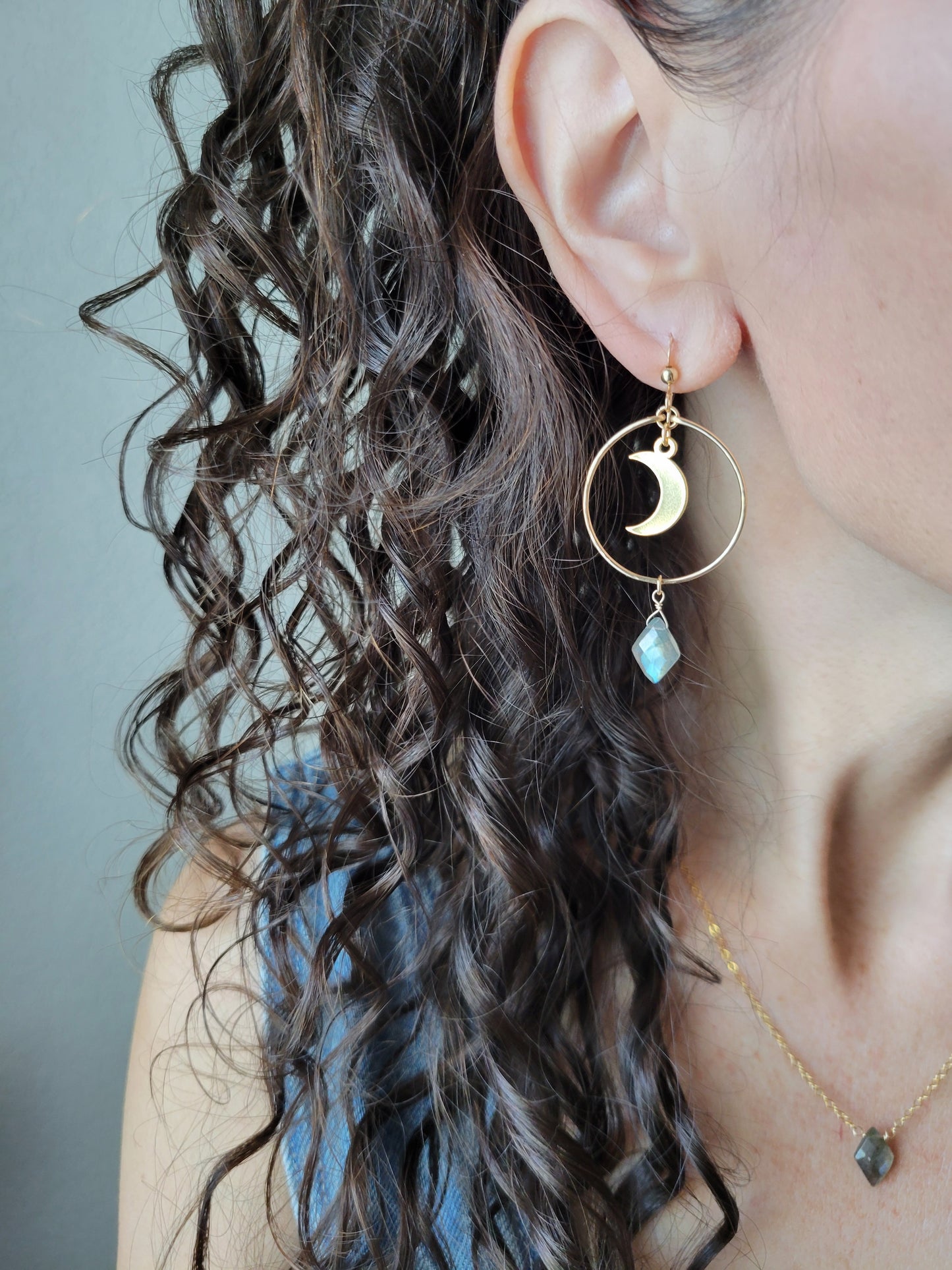 Crescent Moon Labradorite Hoop Earrings