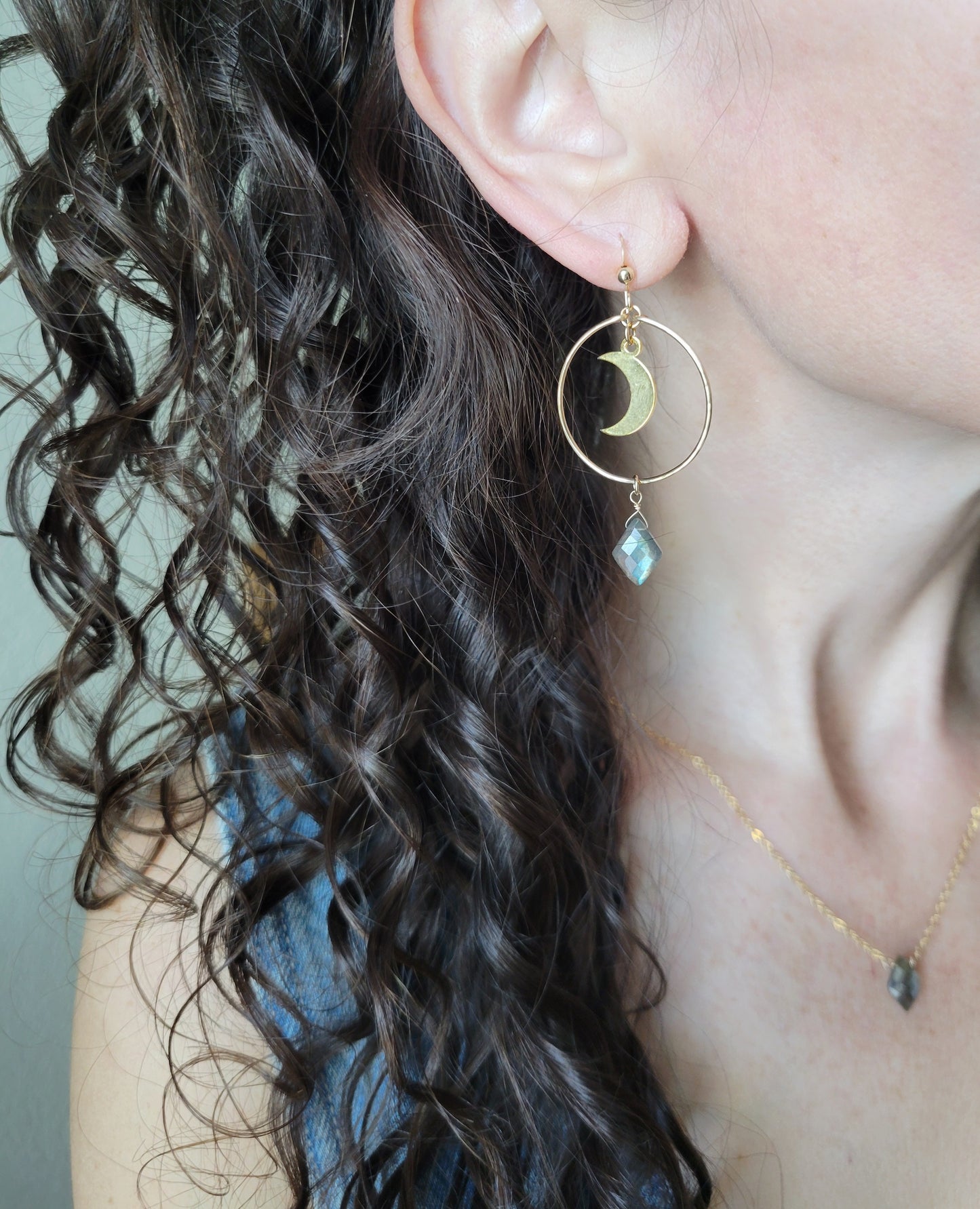Crescent Moon Labradorite Hoop Earrings