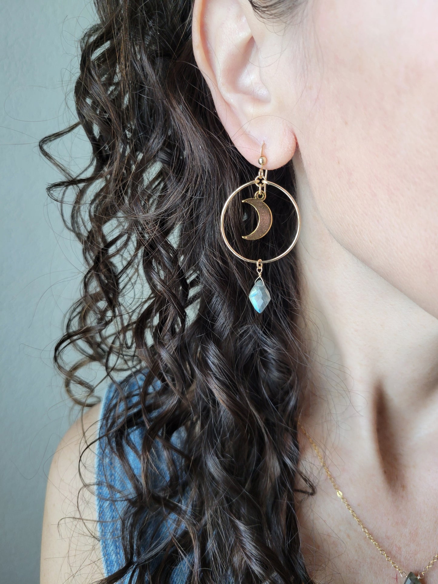 Crescent Moon Labradorite Hoop Earrings