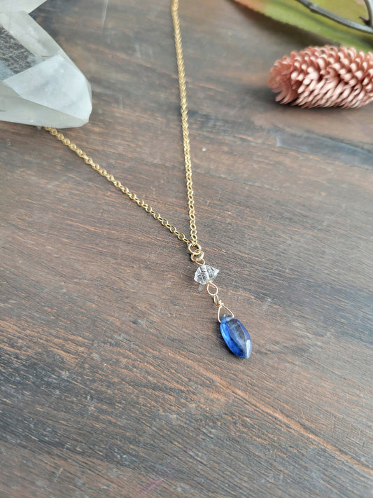 Dainty Kyanite and Herkimer Diamond Drop Necklace