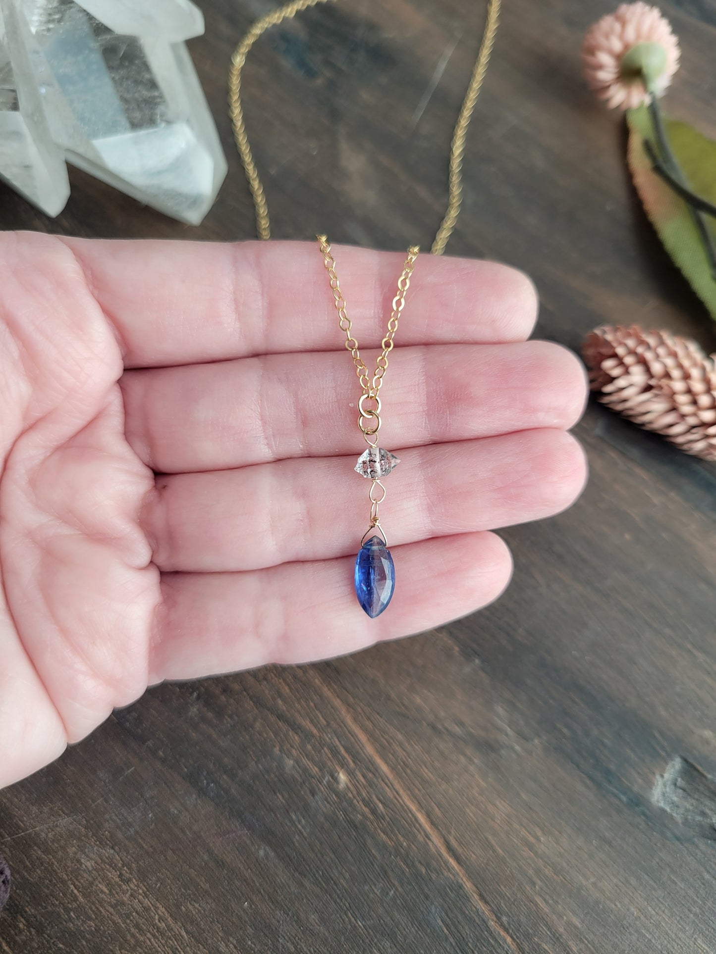 Dainty Kyanite and Herkimer Diamond Drop Necklace