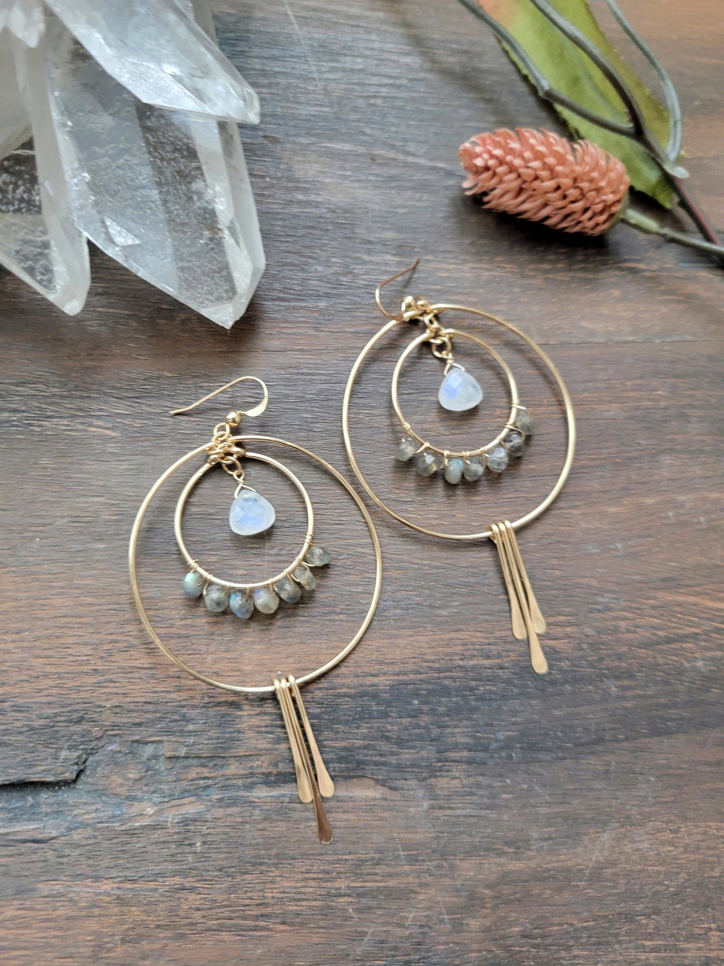 Labradorite and Moonstone Fringe Hoop Earrings