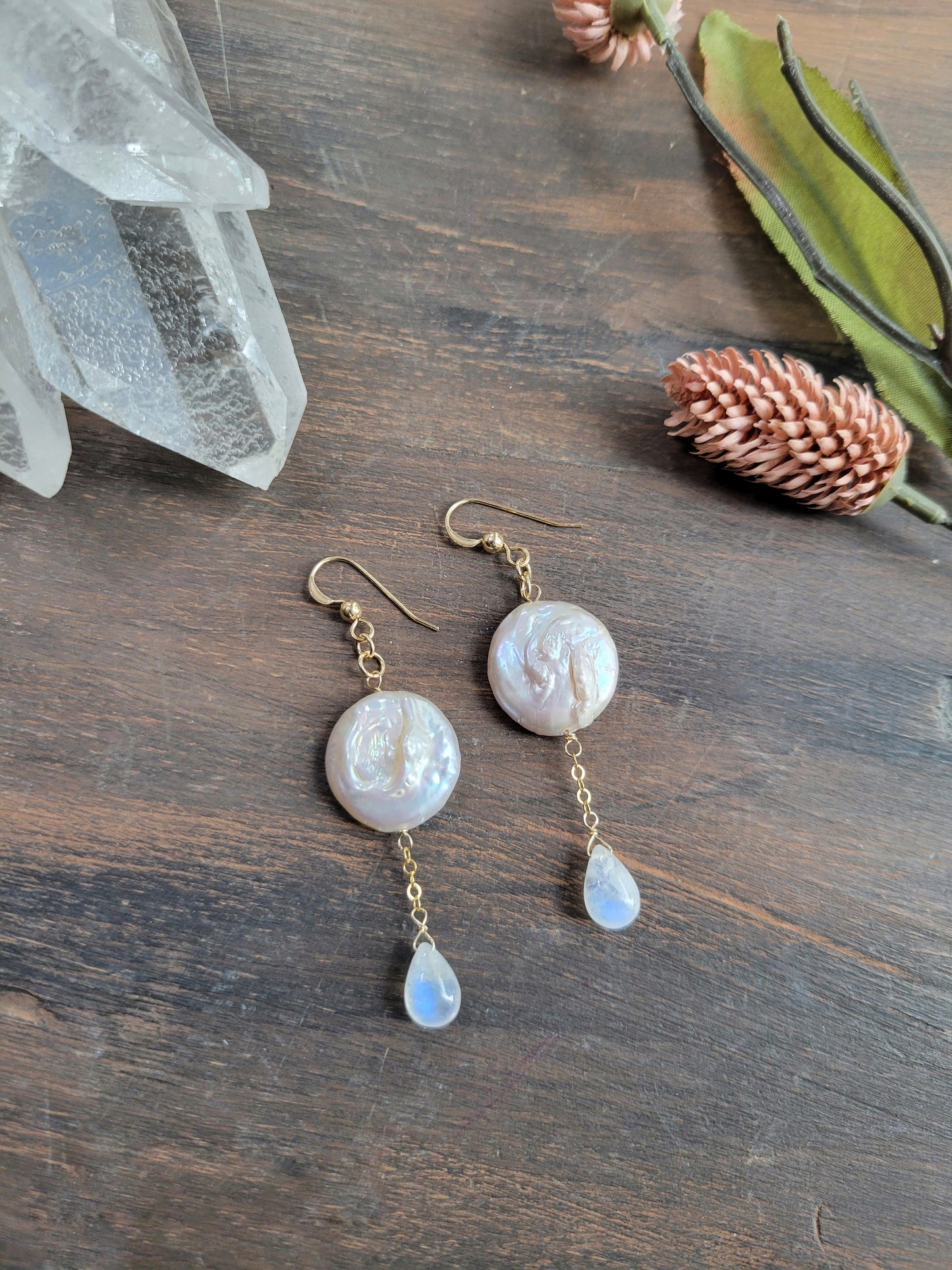 Pearl and Moonstone Dangle Earrings