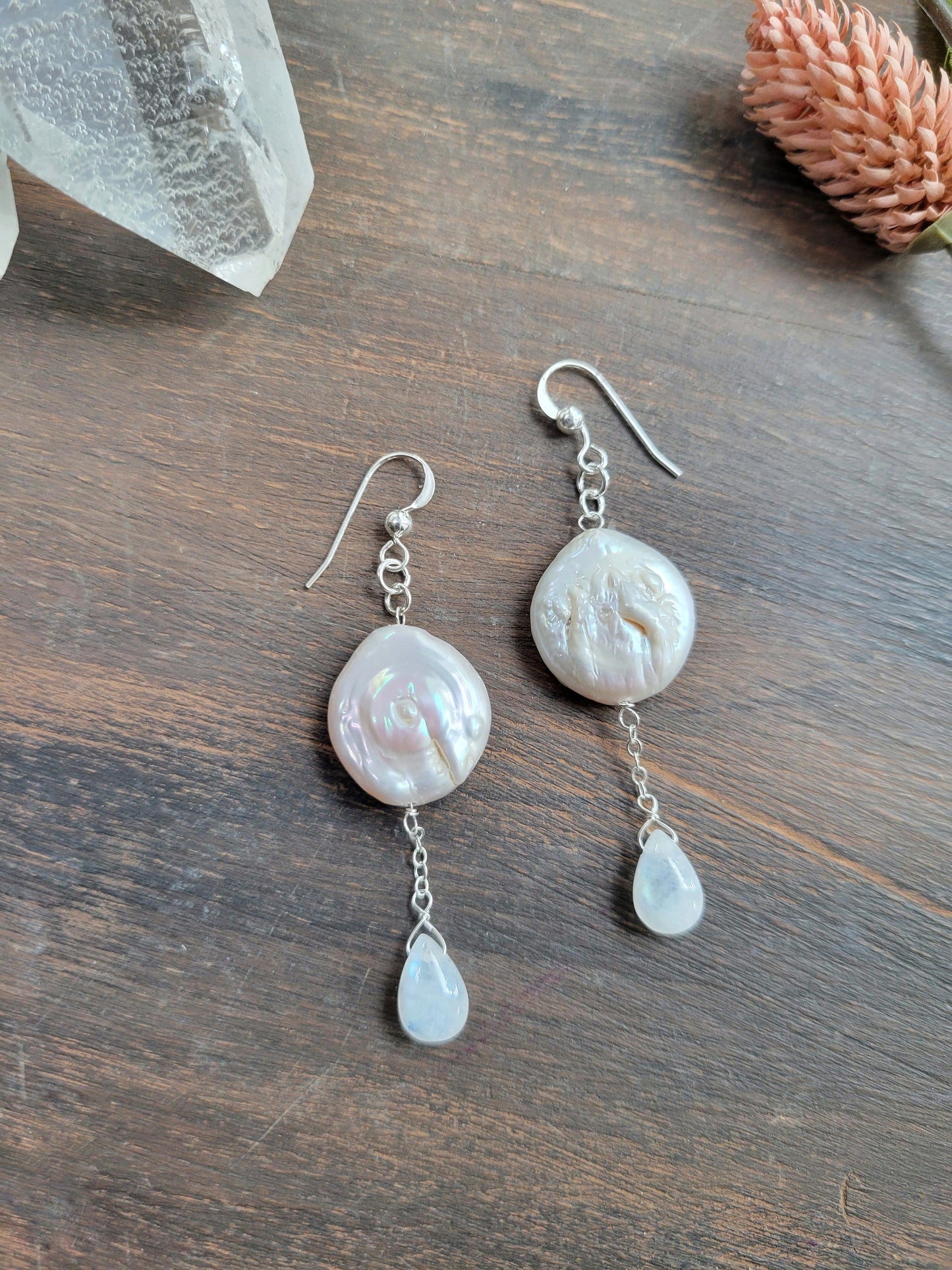 Pearl and Moonstone Dangle Earrings