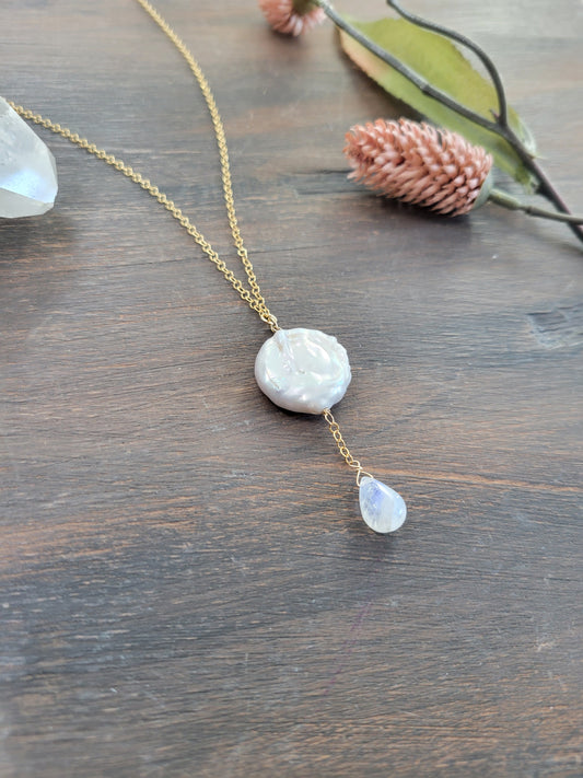 Pearl and Moonstone Y Necklace