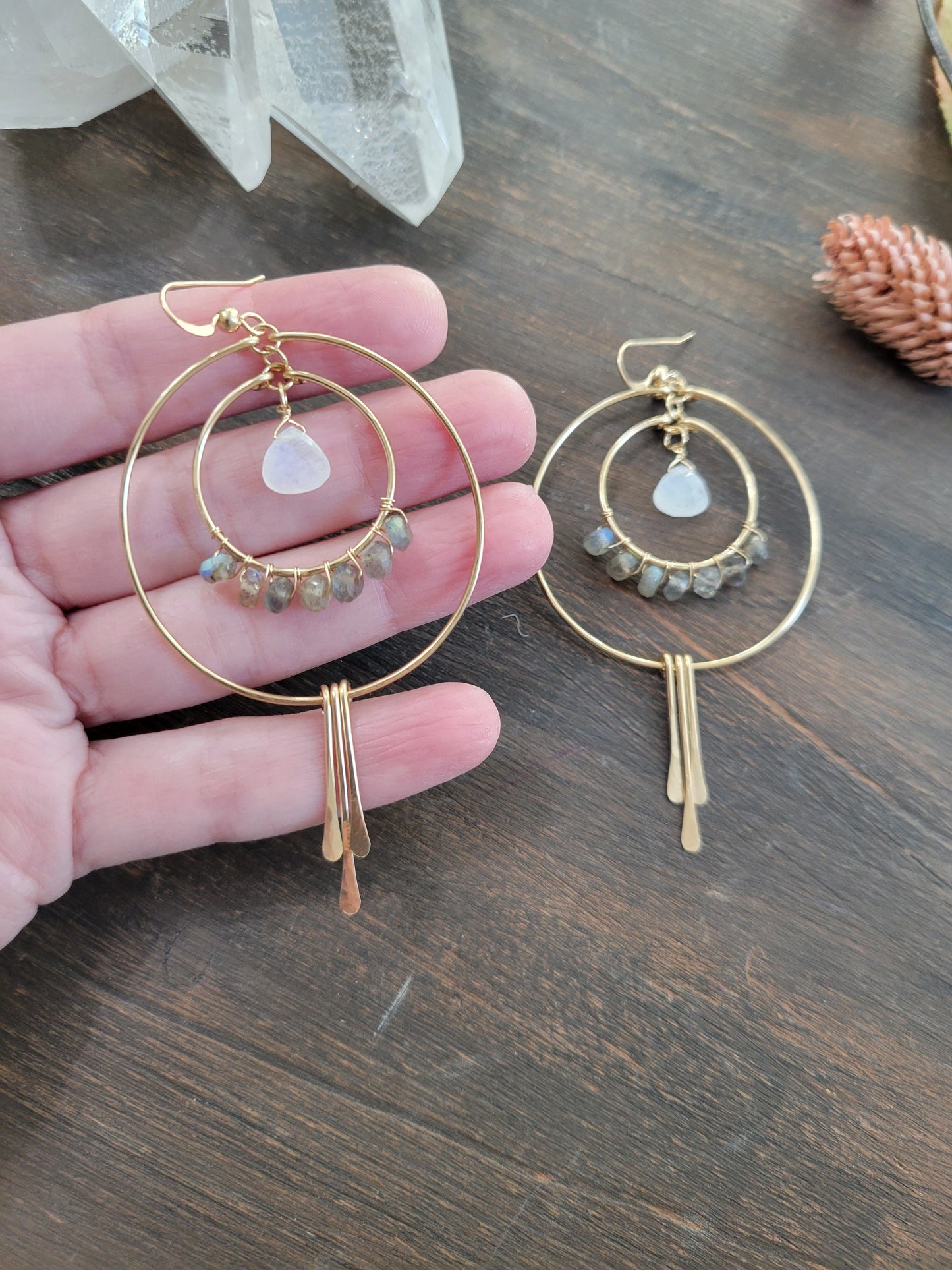 Labradorite and Moonstone Fringe Hoop Earrings