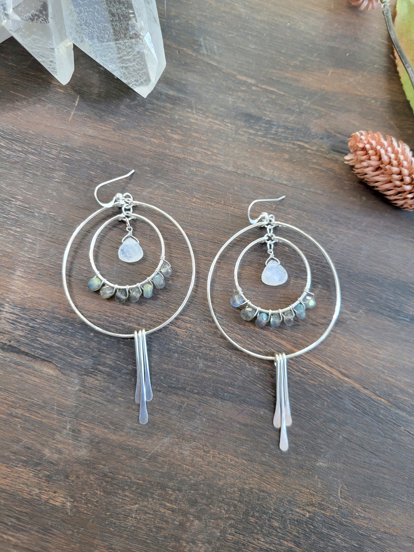 Labradorite and Moonstone Fringe Hoop Earrings