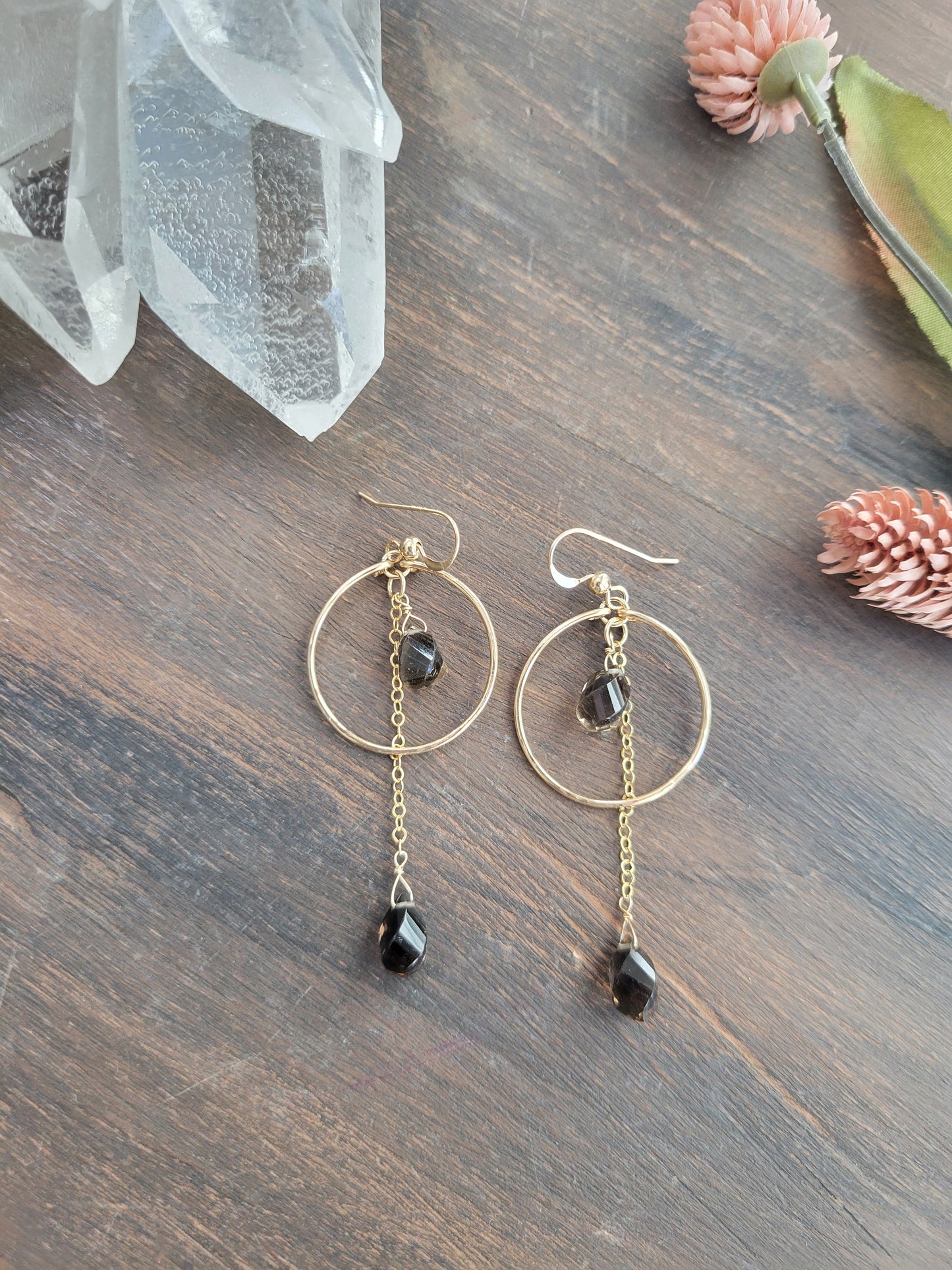 Smoky Quartz Dangle Hoop Earrings