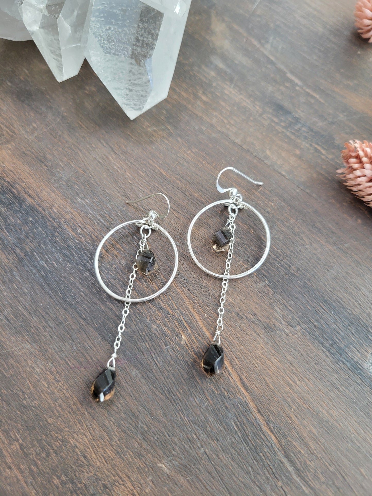 Smoky Quartz Dangle Hoop Earrings