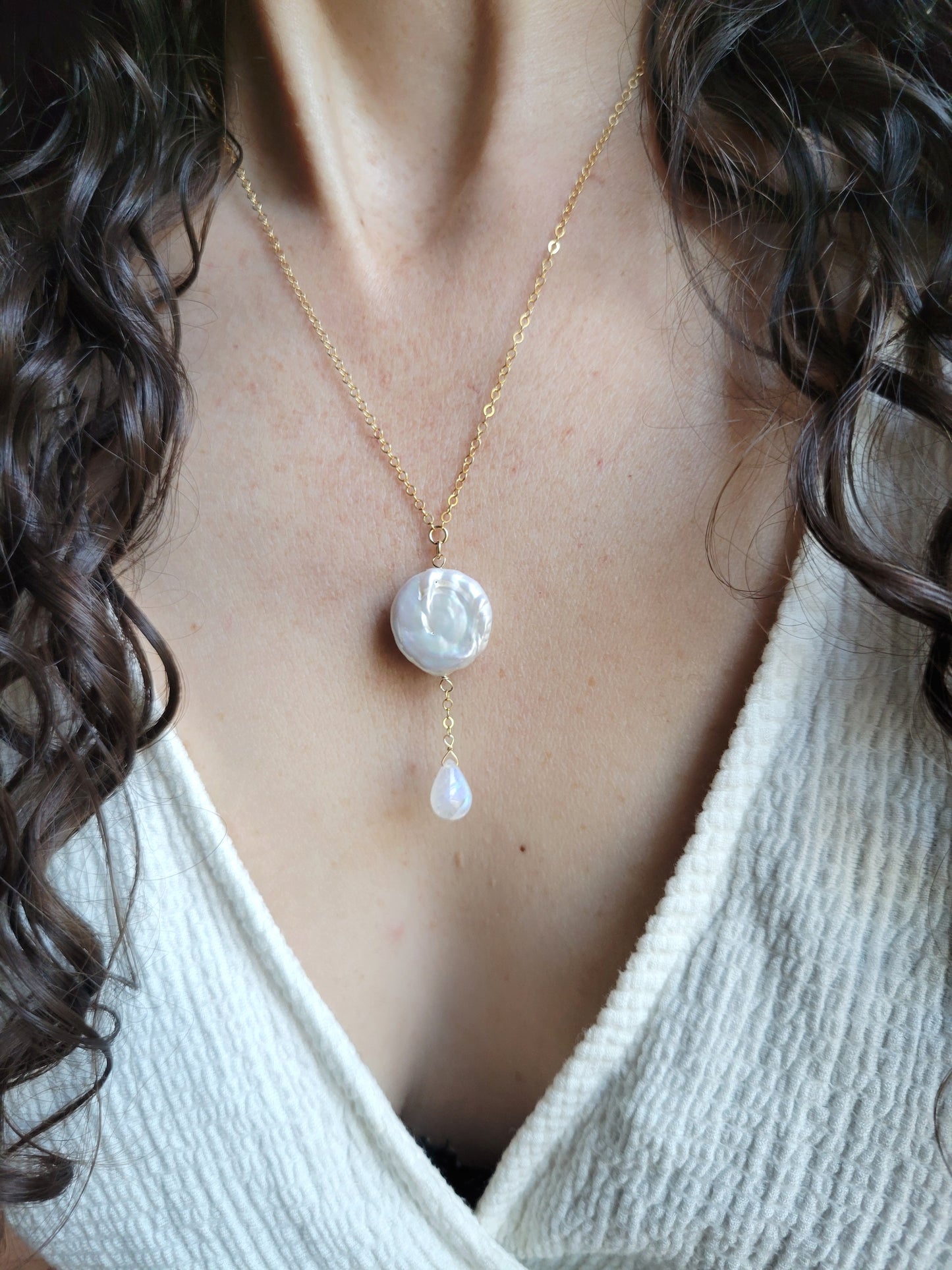 Pearl and Moonstone Y Necklace