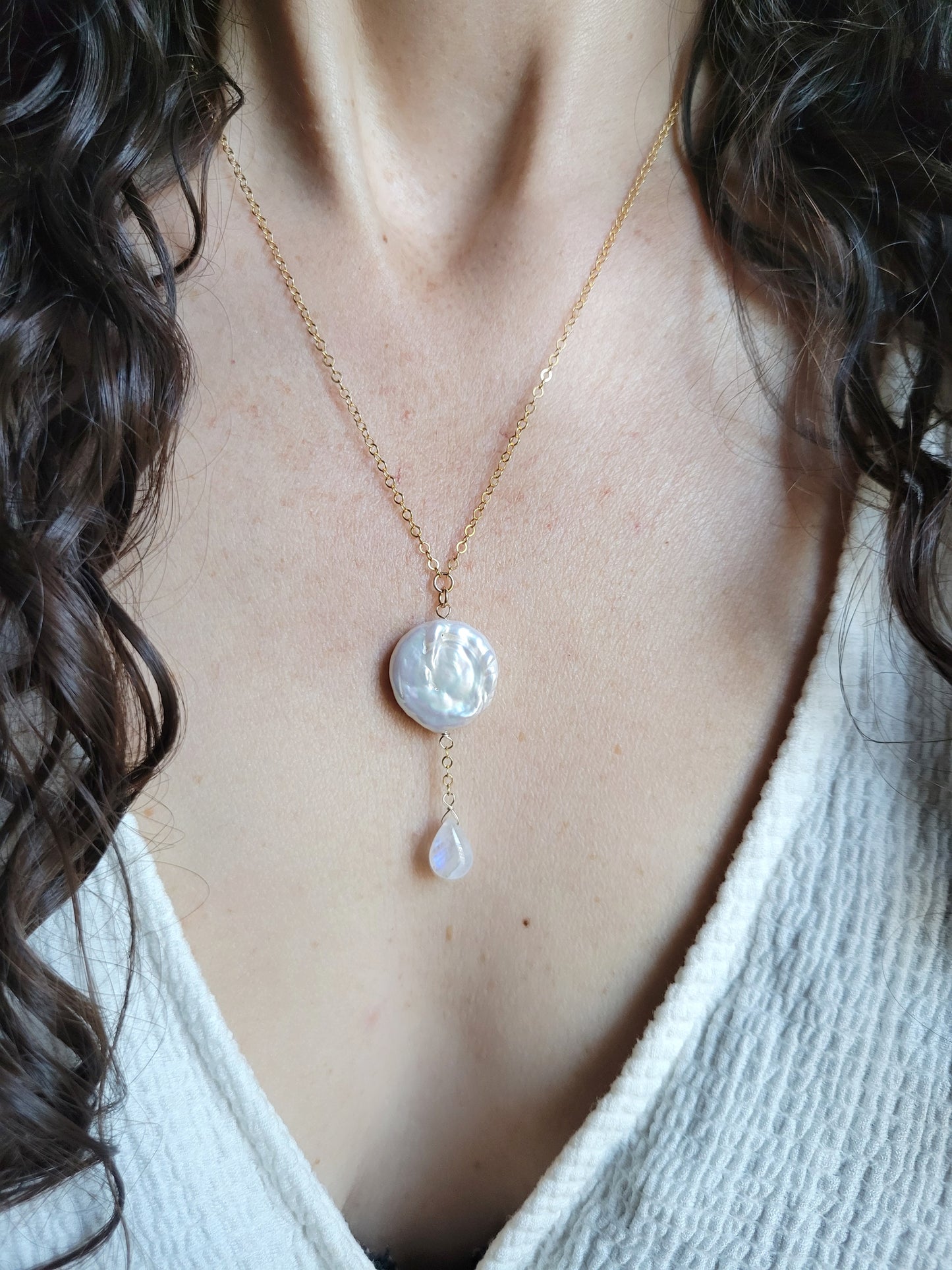 Pearl and Moonstone Y Necklace
