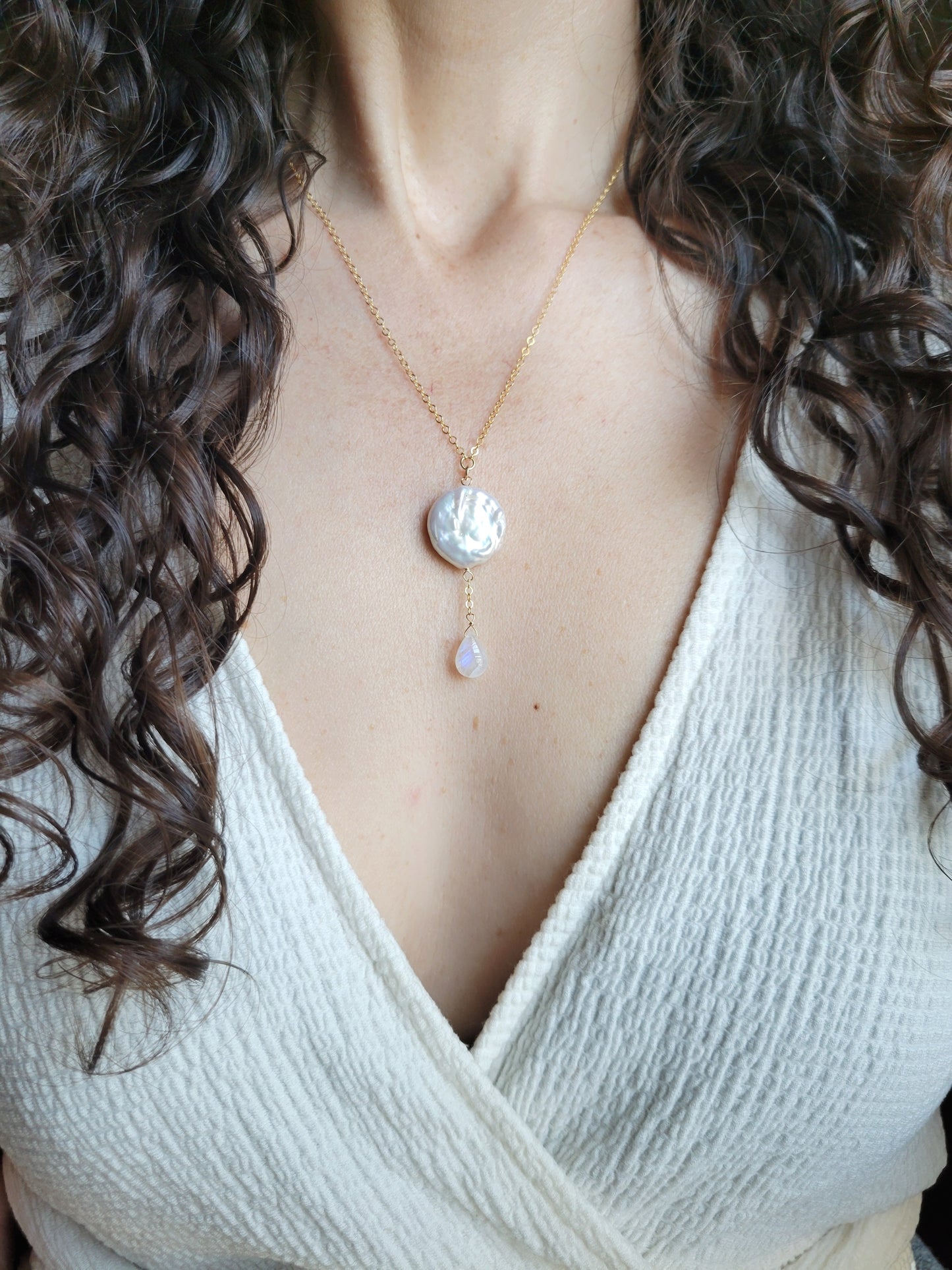 Pearl and Moonstone Y Necklace