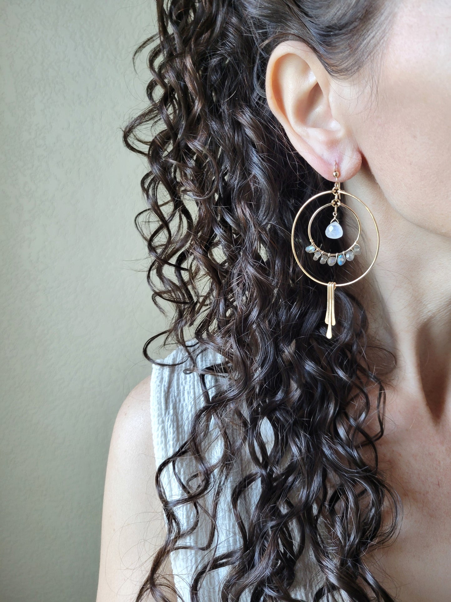 Labradorite and Moonstone Fringe Hoop Earrings